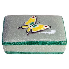 Majolica Ceramic Box with Lid, Butterfly Decor, Italy Mid Century Modern