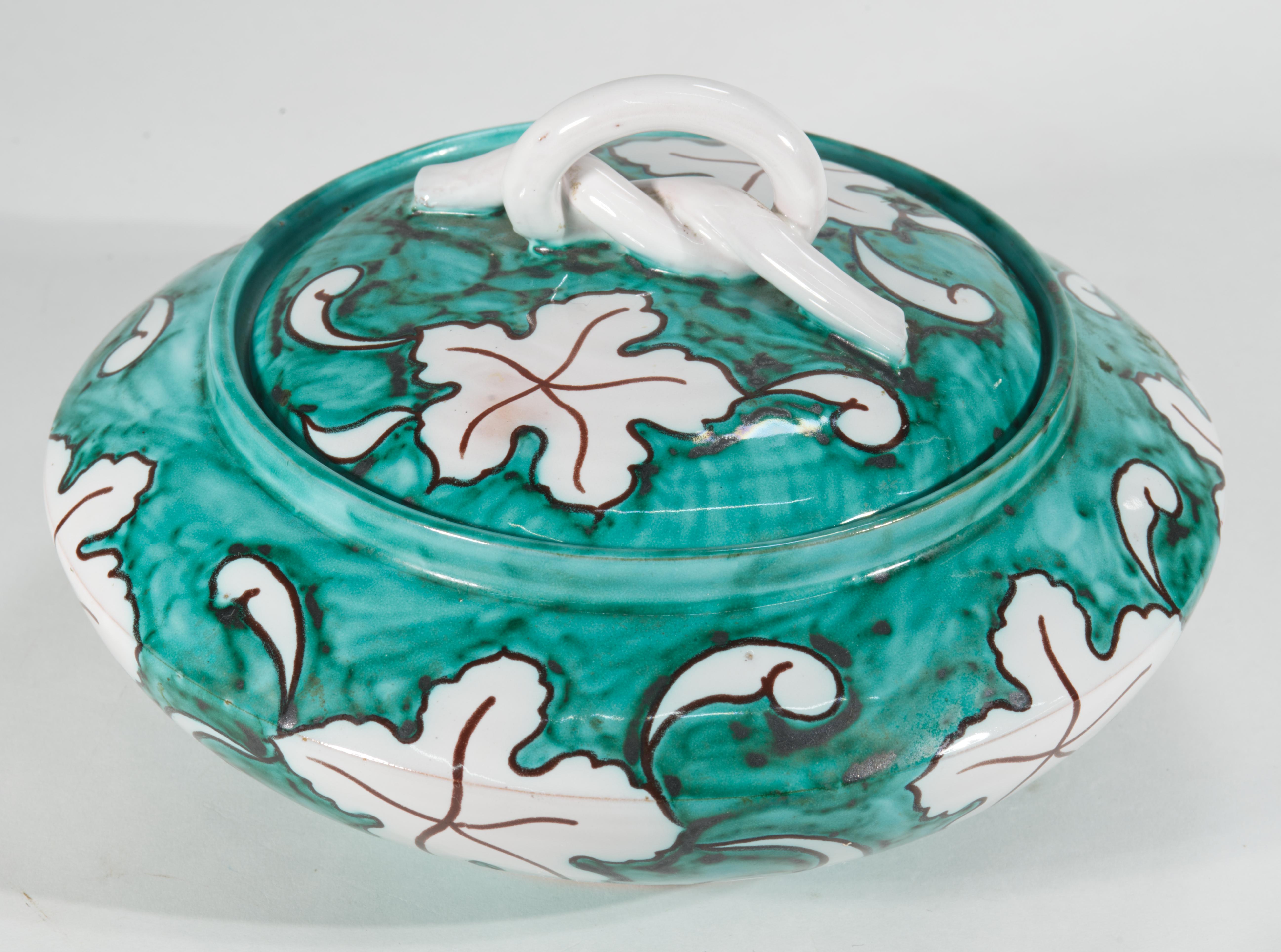 Mid-Century Modern Majolica Ceramic Dresser Box with Lid, Teal Blue White, Italy 1950s For Sale