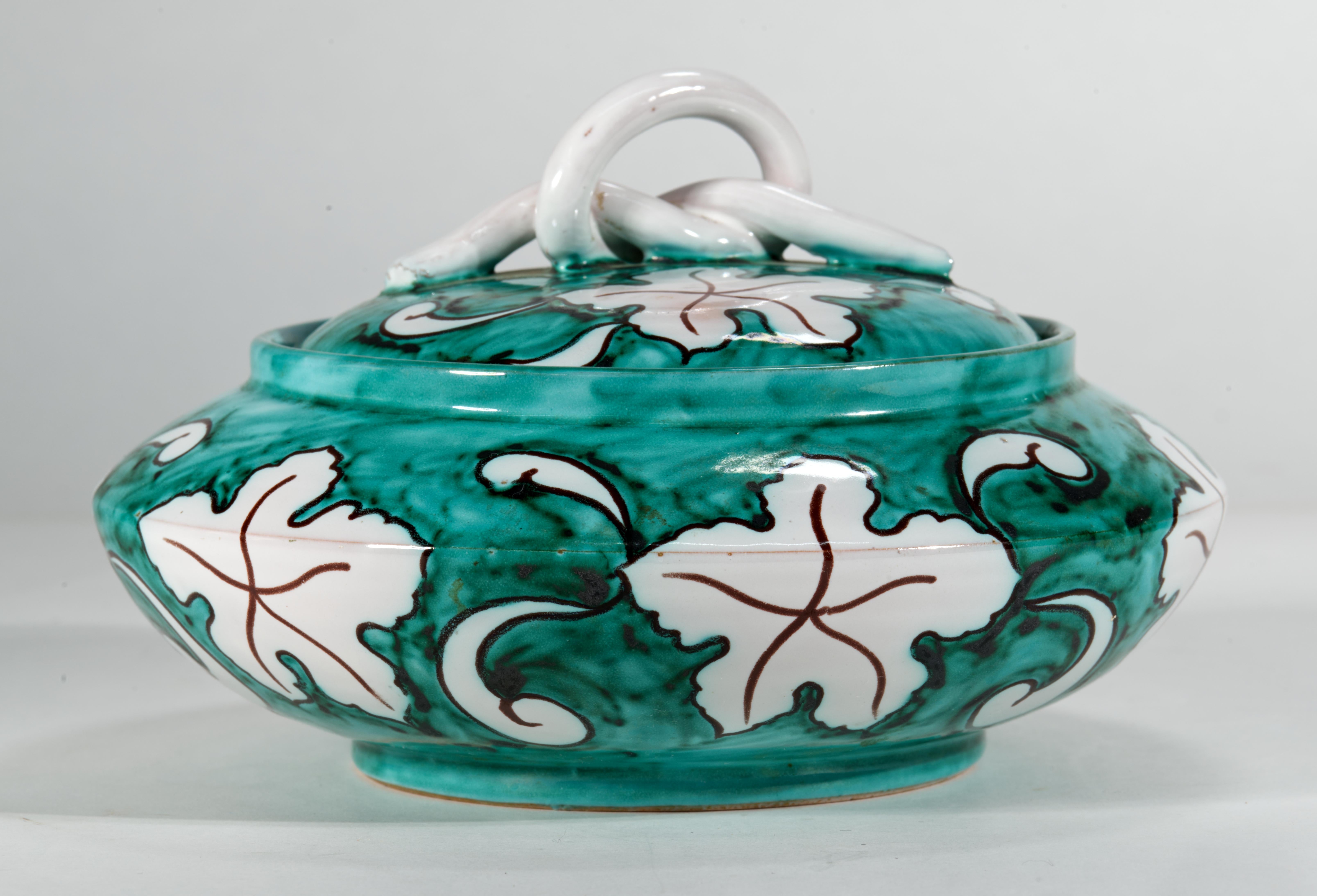 Glazed Majolica Ceramic Dresser Box with Lid, Teal Blue White, Italy 1950s For Sale
