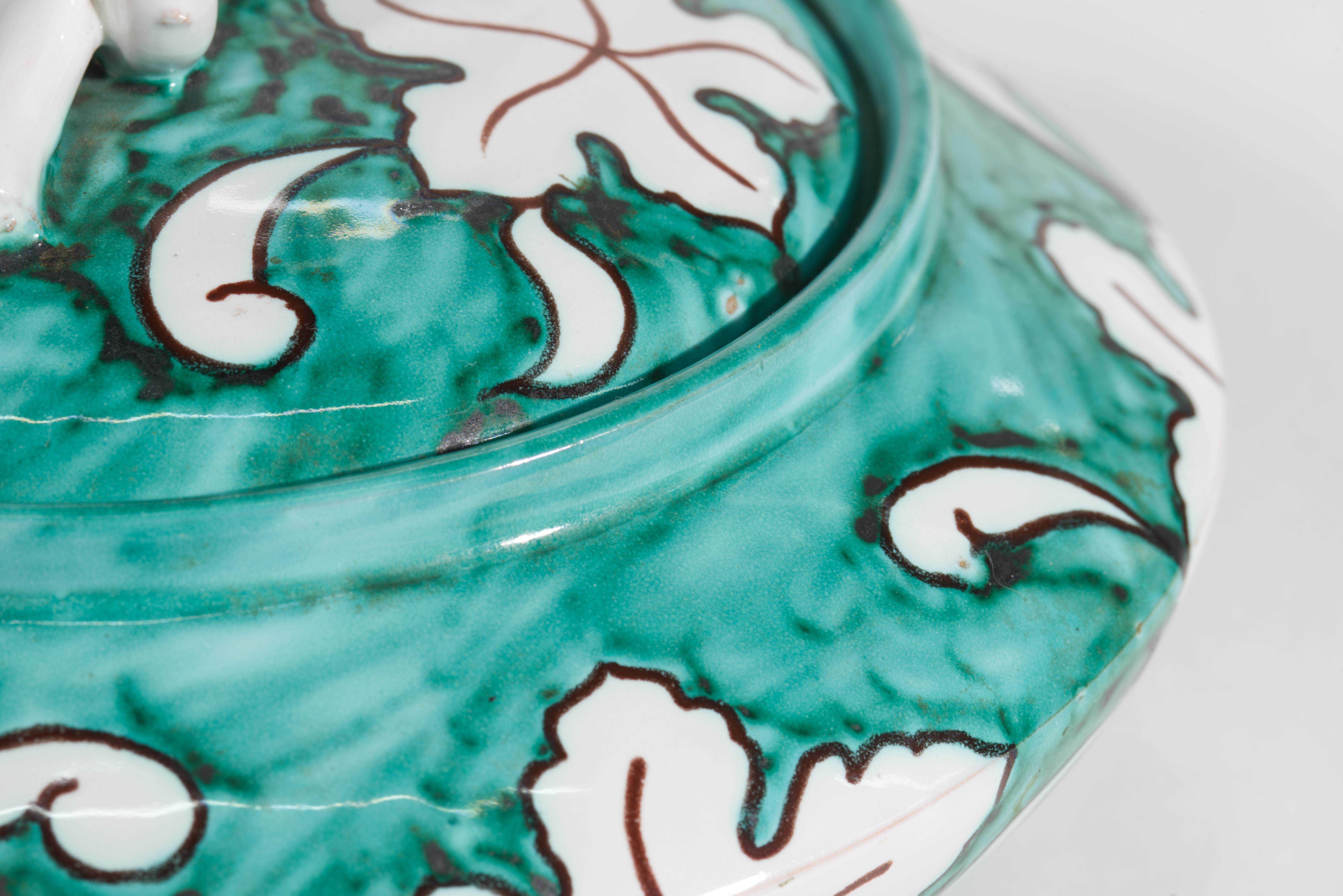 Majolica Ceramic Dresser Box with Lid, Teal Blue White, Italy 1950s For Sale 1