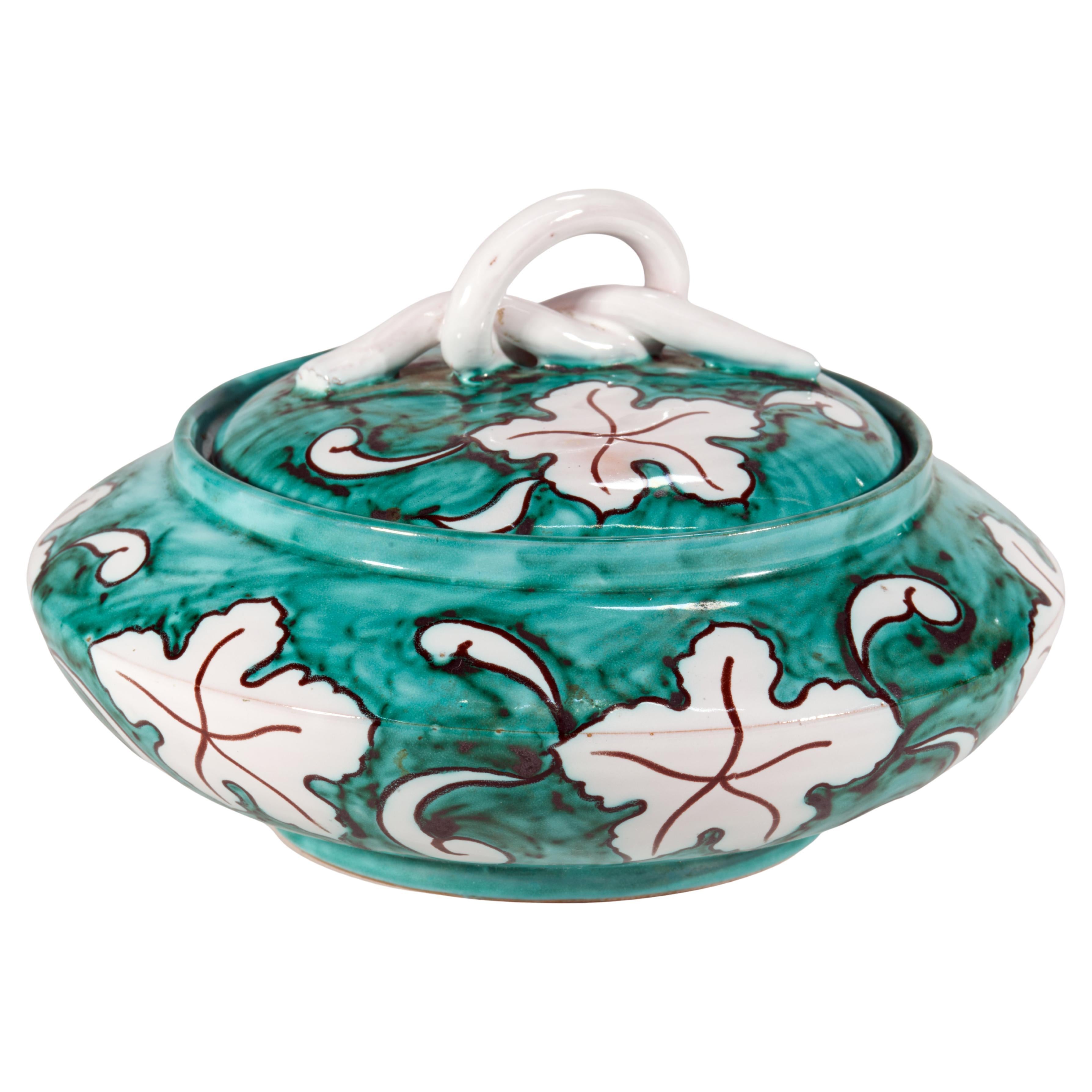 Majolica Ceramic Dresser Box with Lid, Teal Blue White, Italy 1950s For Sale