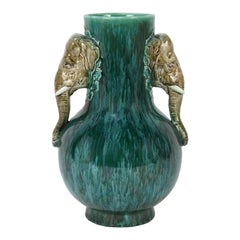 Majolica Ceramic Elephant Handled Vase
