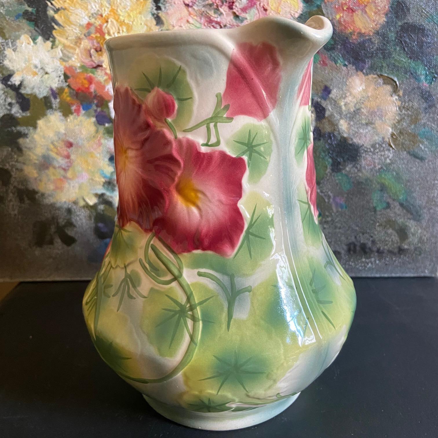 French Provincial Majolica Ceramic Glazed Saint Clément Flower Pitcher, circa 1960 For Sale