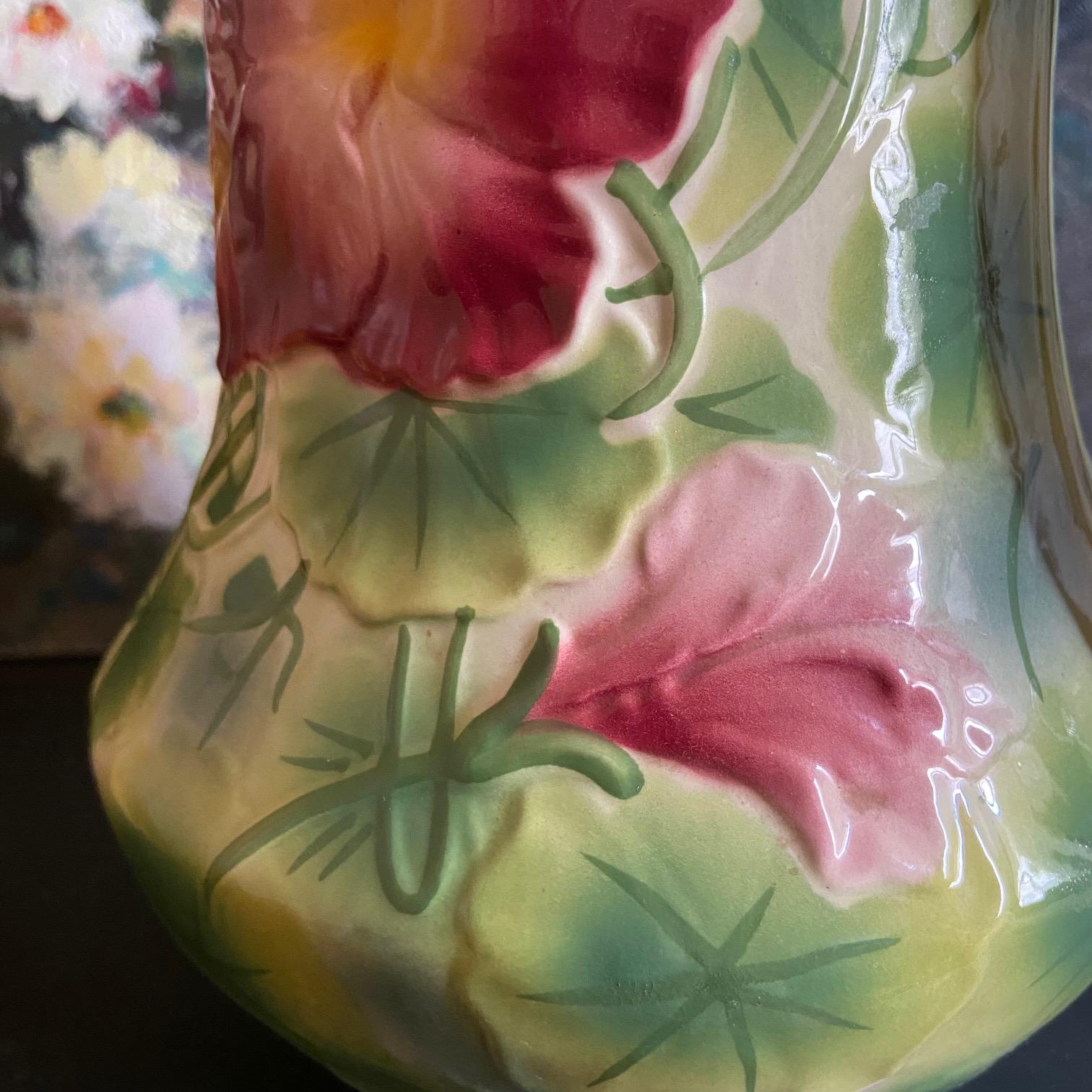 French Majolica Ceramic Glazed Saint Clément Flower Pitcher, circa 1960 For Sale