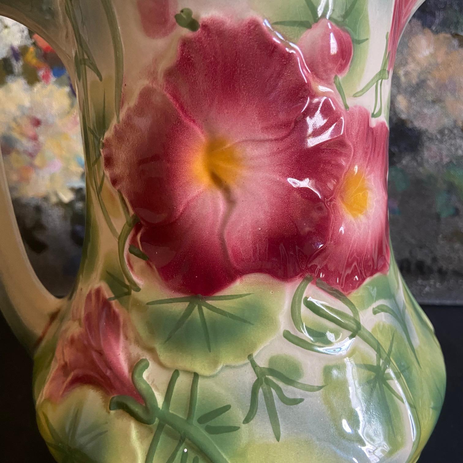 Majolica Ceramic Glazed Saint Clément Flower Pitcher, circa 1960 In Good Condition For Sale In ASNIÈRES-SUR-SEINE, FR
