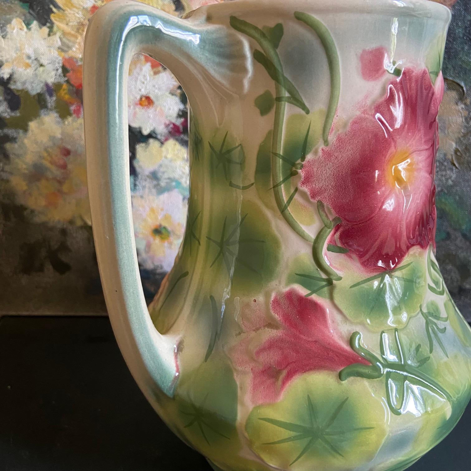 Mid-20th Century Majolica Ceramic Glazed Saint Clément Flower Pitcher, circa 1960 For Sale