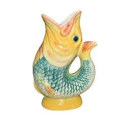 Majolica Ceramic Green and Yellow Gurgle Fish Serving Pitcher