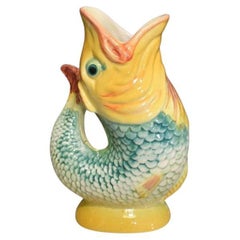 Majolica Ceramic Green and Yellow Gurgle Fish Serving Pitcher