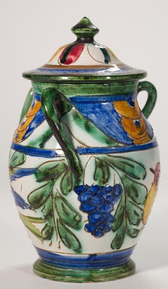 Majolica Ceramic Jar with Lid, Sgraffito Birds Decor, Italy Mid Century Modern