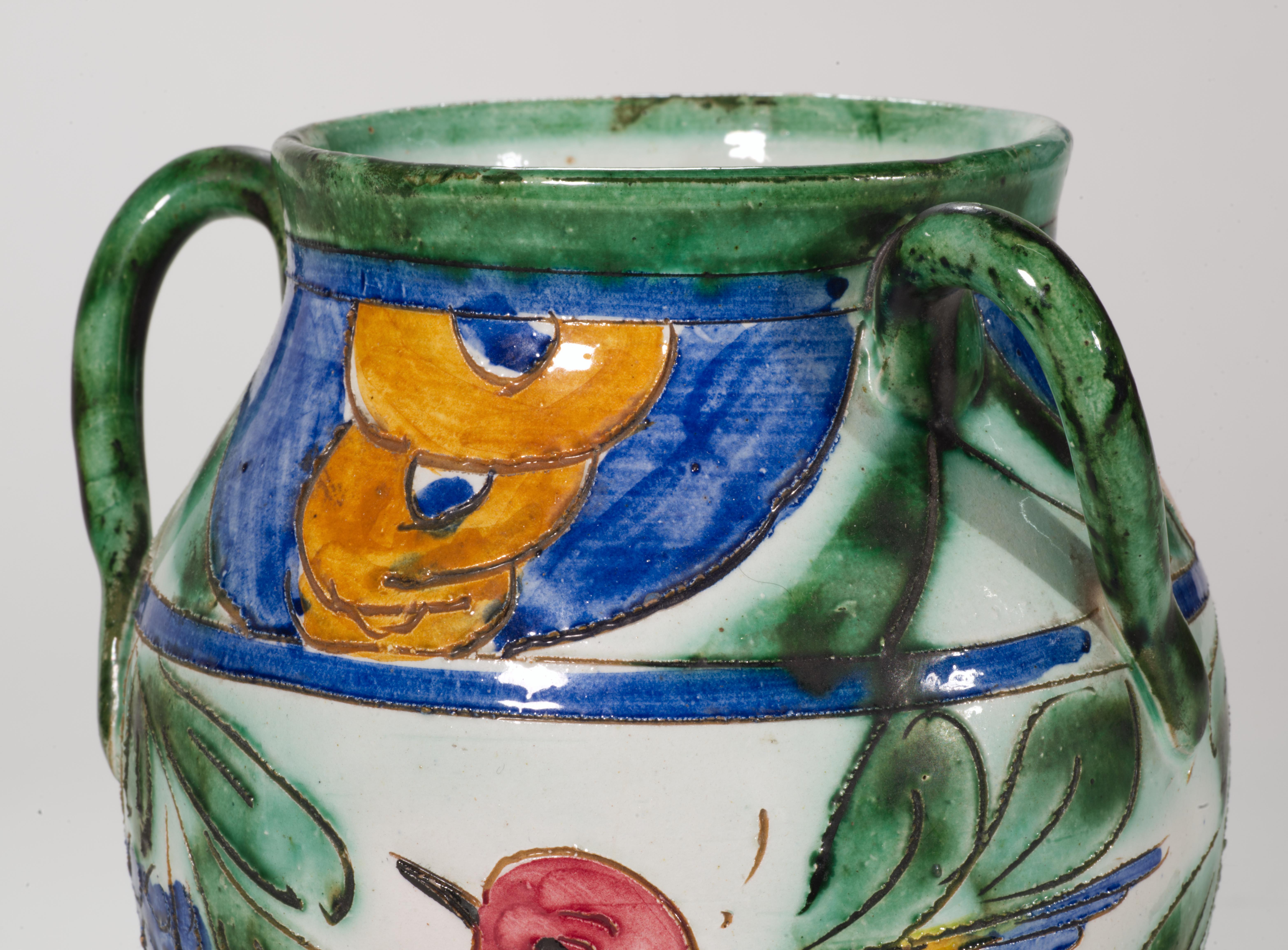 XX secolo Vaso in ceramica maiolicata con coperchio, decorazione di uccelli a graffito, Italia Mid Century Modern in vendita