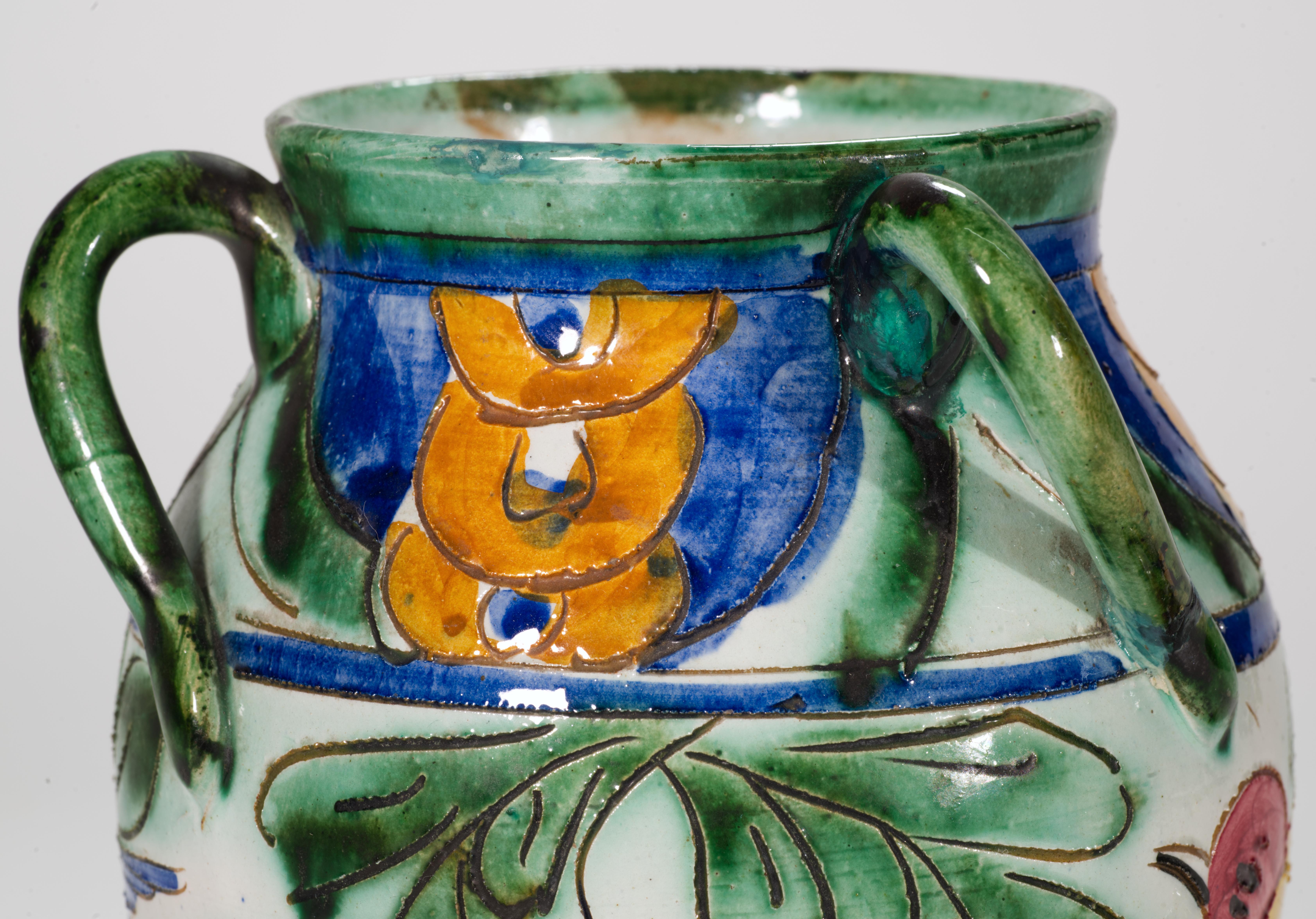 Ceramica Vaso in ceramica maiolicata con coperchio, decorazione di uccelli a graffito, Italia Mid Century Modern in vendita