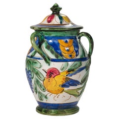 Majolica Ceramic Jar with Lid, Sgraffito Birds Decor, Italy Mid Century Modern