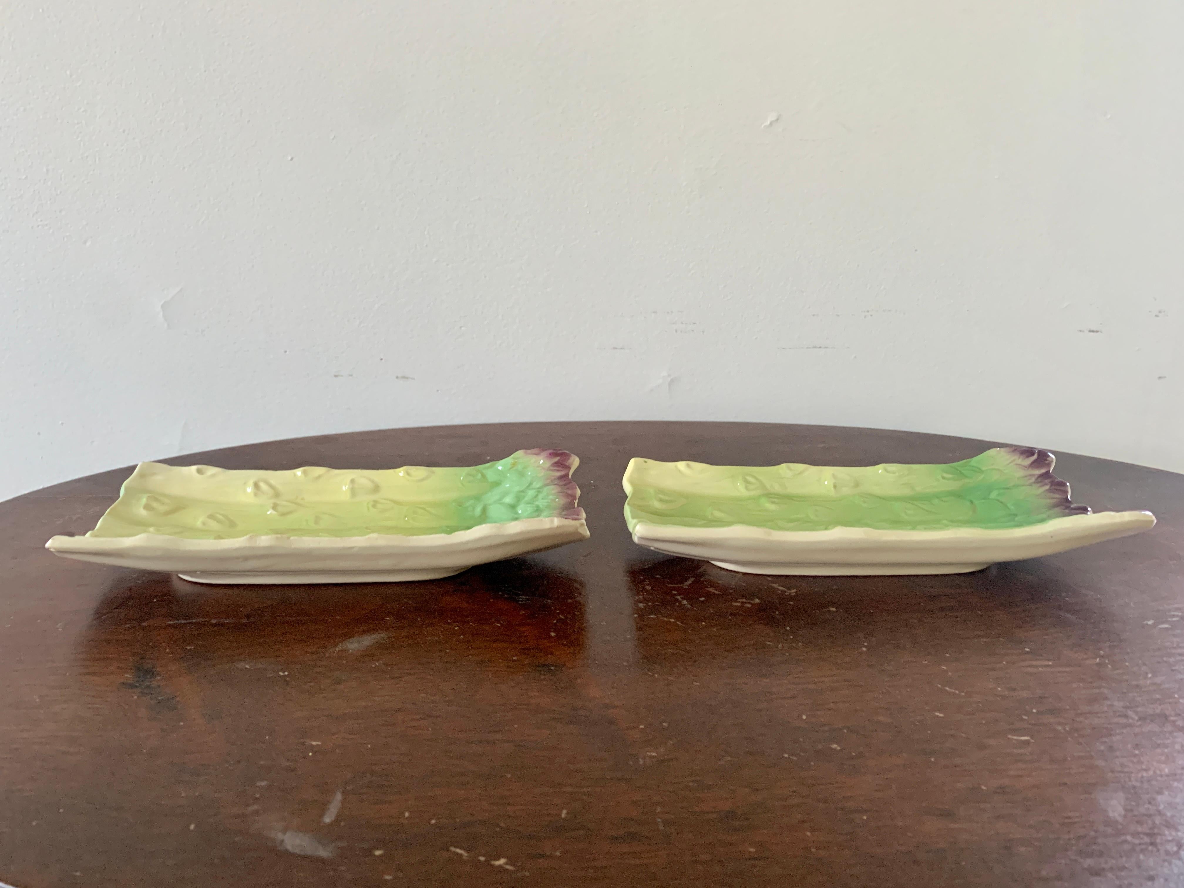 American Majolica Ceramic Trompe l'Oeil Asparagus Dishes, Pair