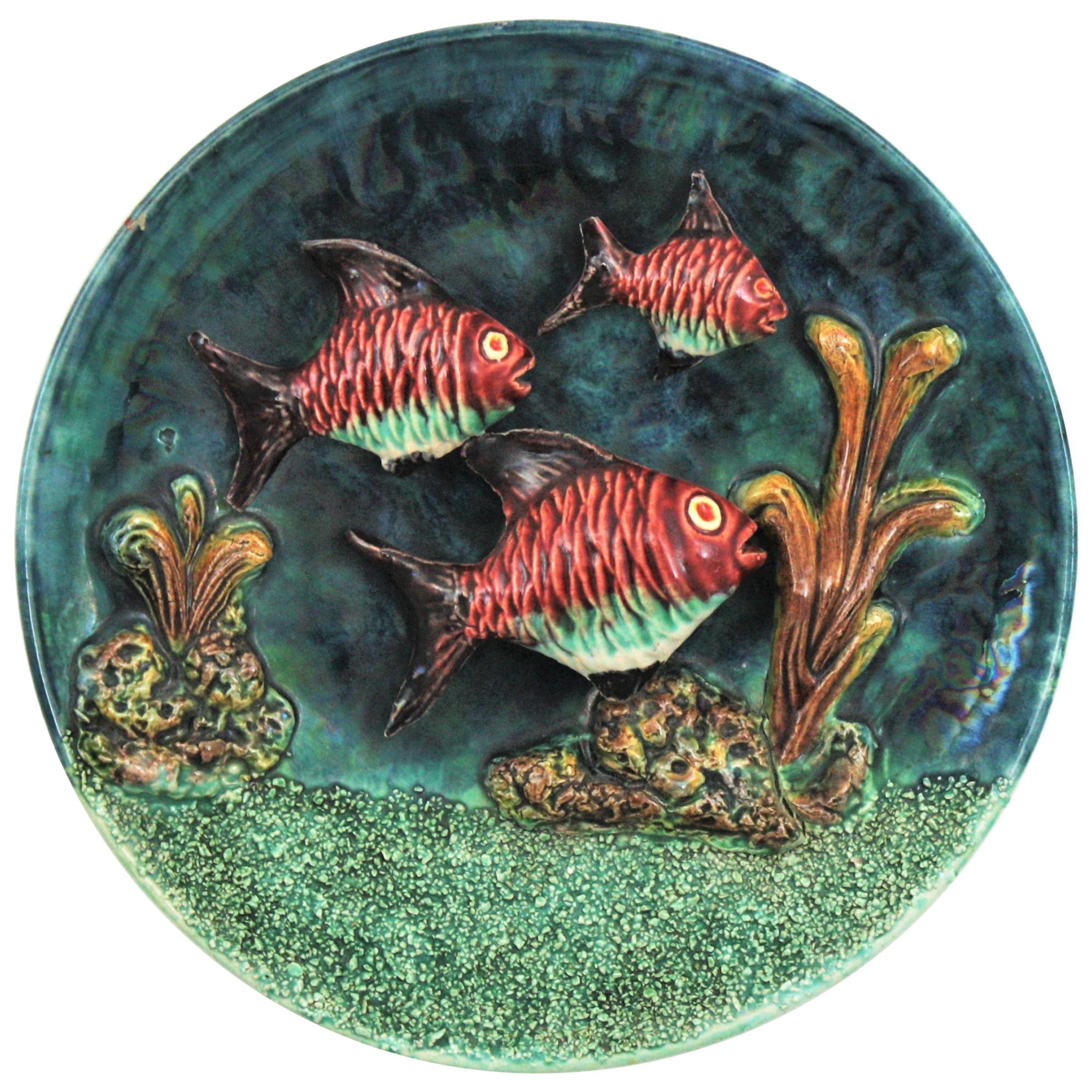 Ceramic Majolica Trompe L'oeil Deep See Landscape Wall PLate For Sale