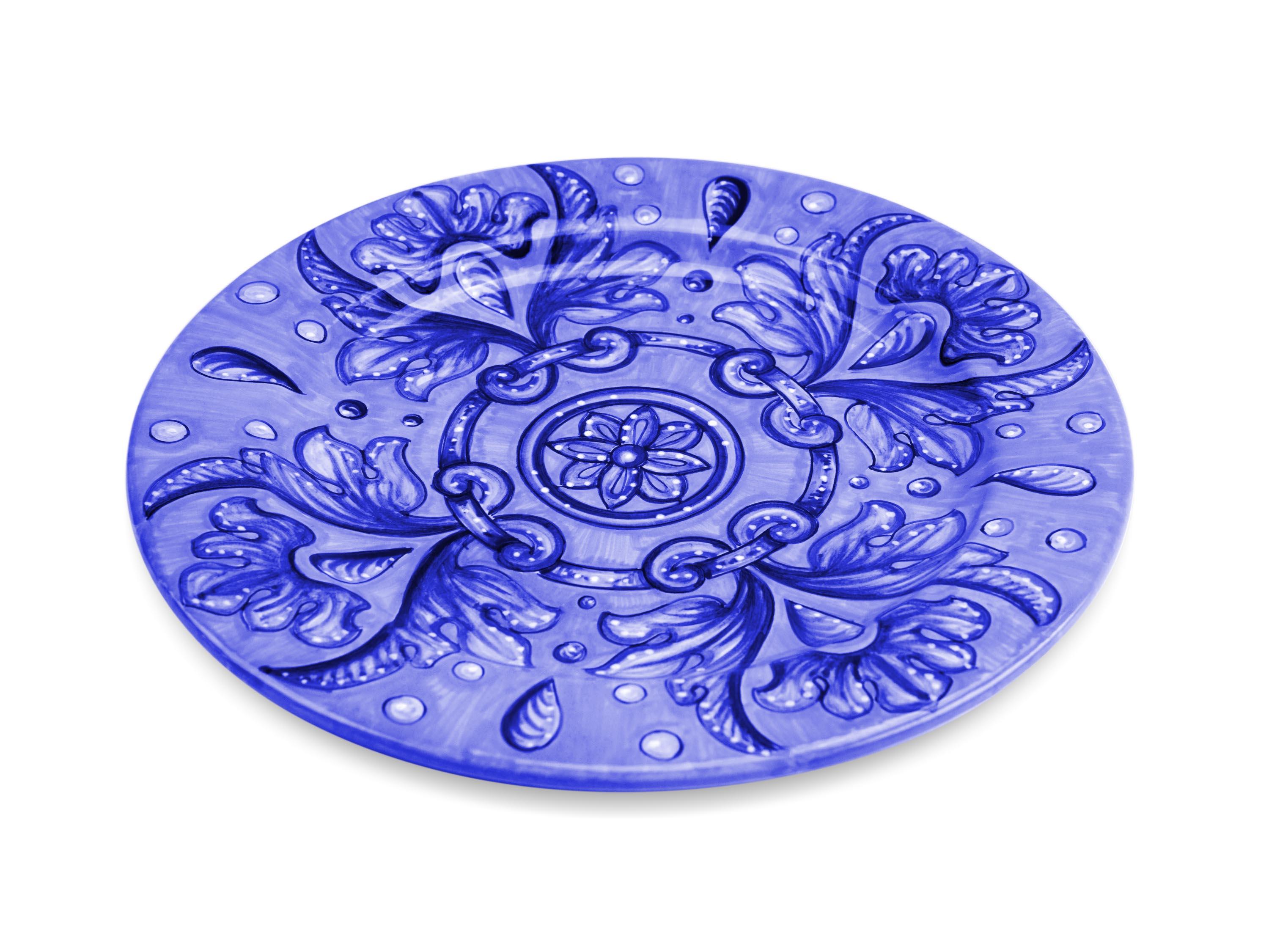 Modern Majolica Charger Plates Set Eight Dinner Plates Serveware Tableware Blue Painted