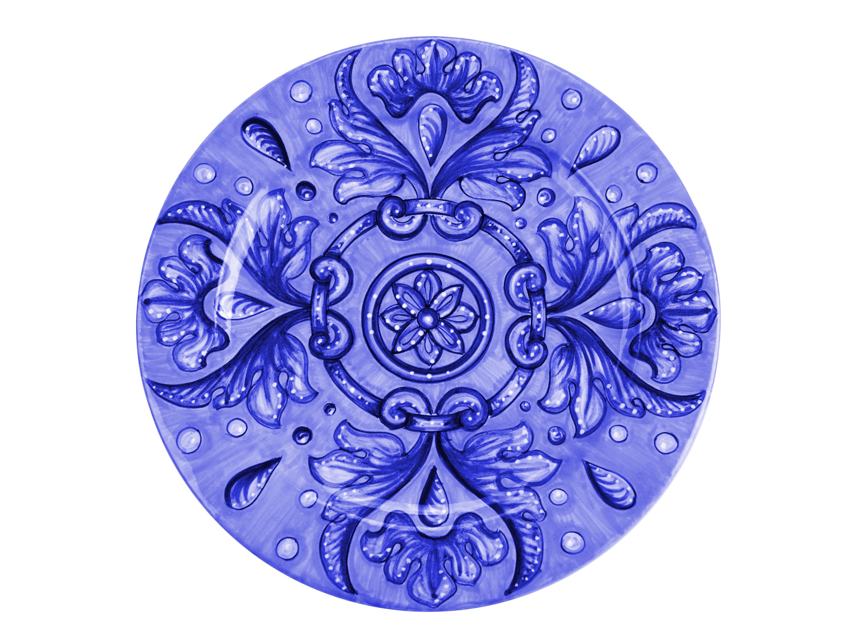 This colorful set of 8 majolica charger plates is handmade and hand-painted in Italy following the original Renaissance painting technique, unchanged over time, which we observe to the letter.
The elegant decoration total blue is composed by a halo