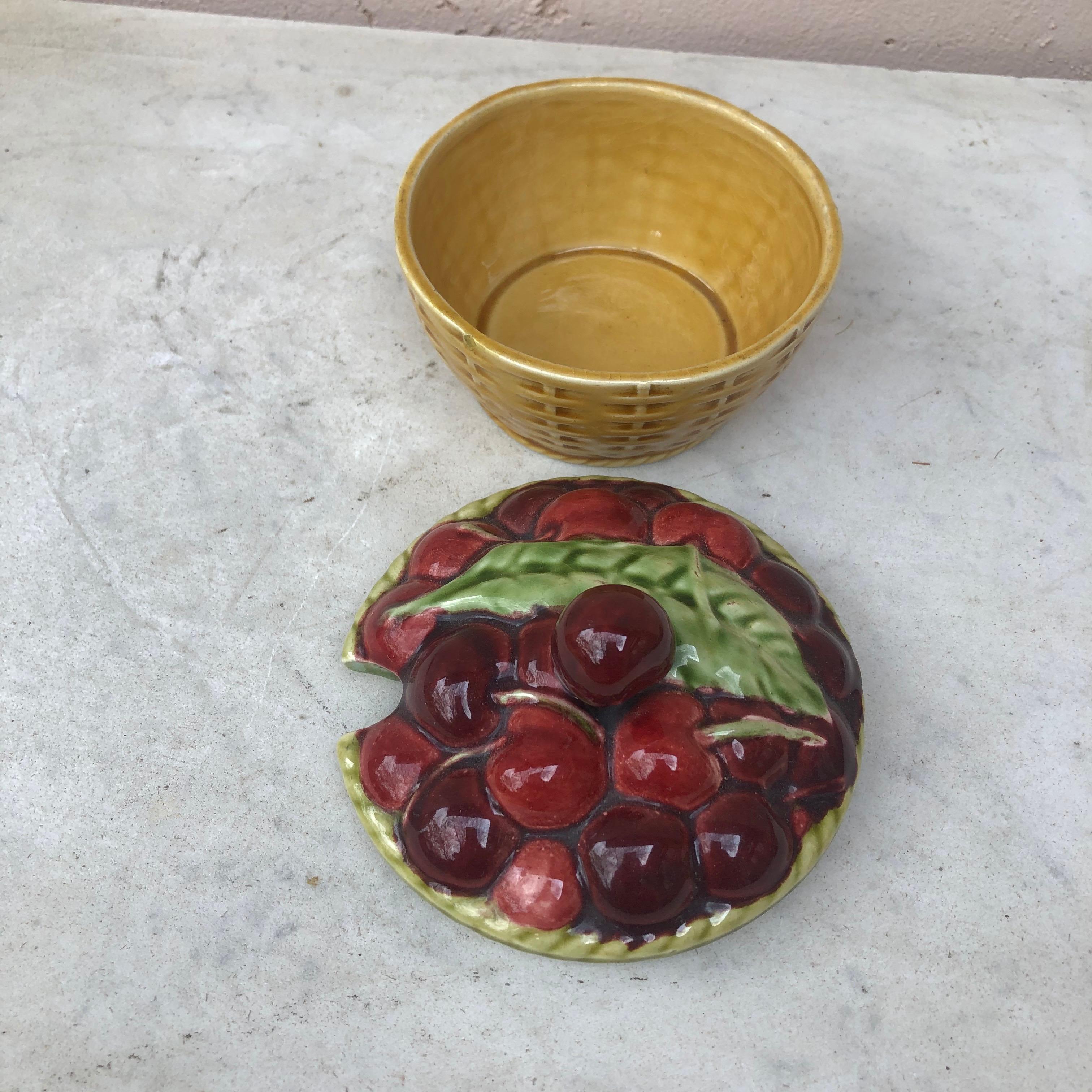 Country Majolica Cherries Basket Sarreguemines, circa 1920