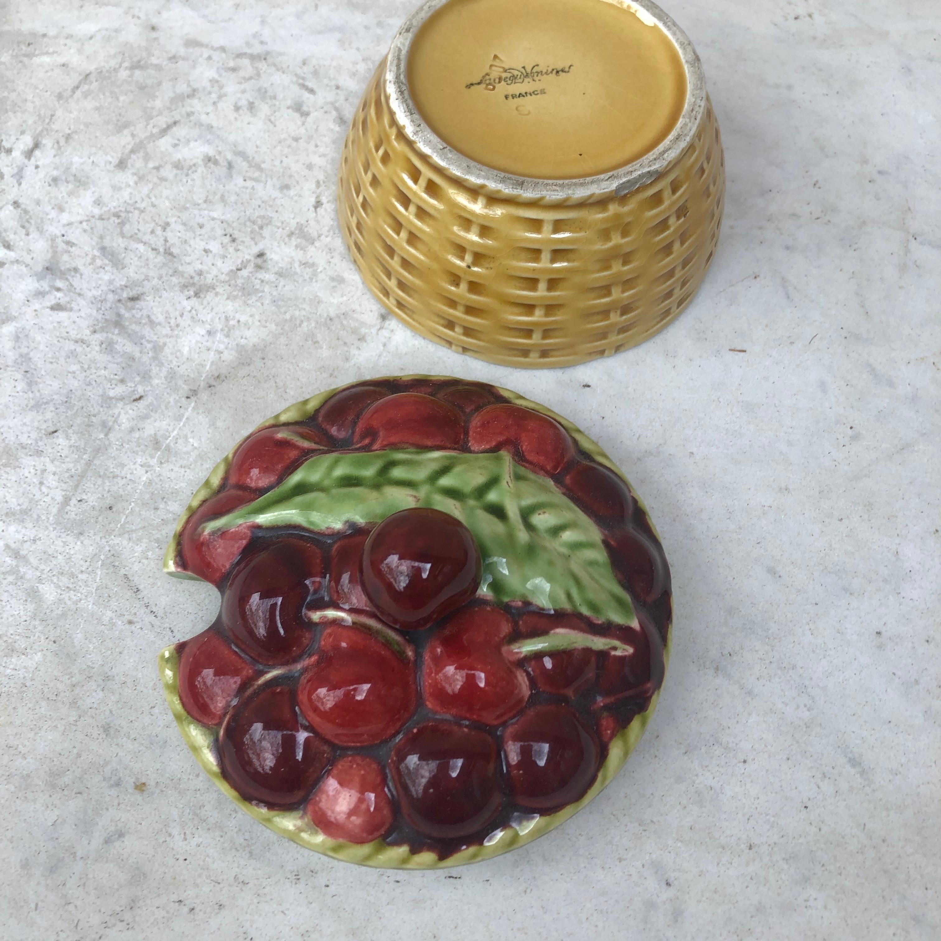 French Majolica Cherries Basket Sarreguemines, circa 1920