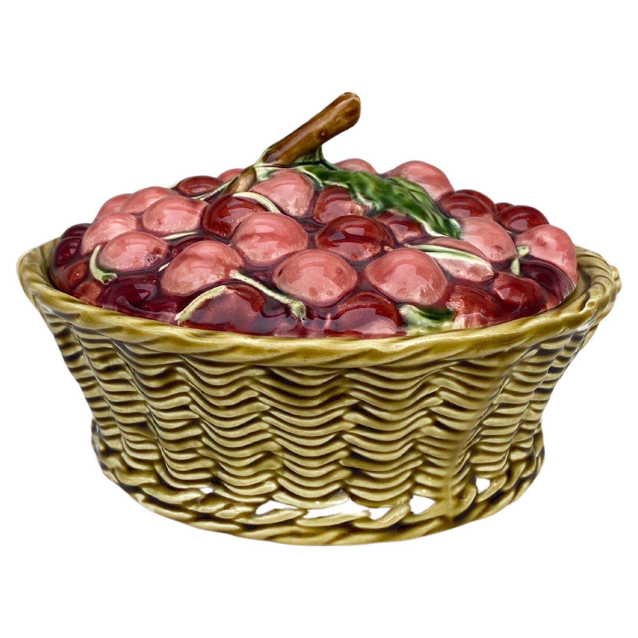 Majolica Cherries Basket Sarreguemines, circa 1920 For Sale