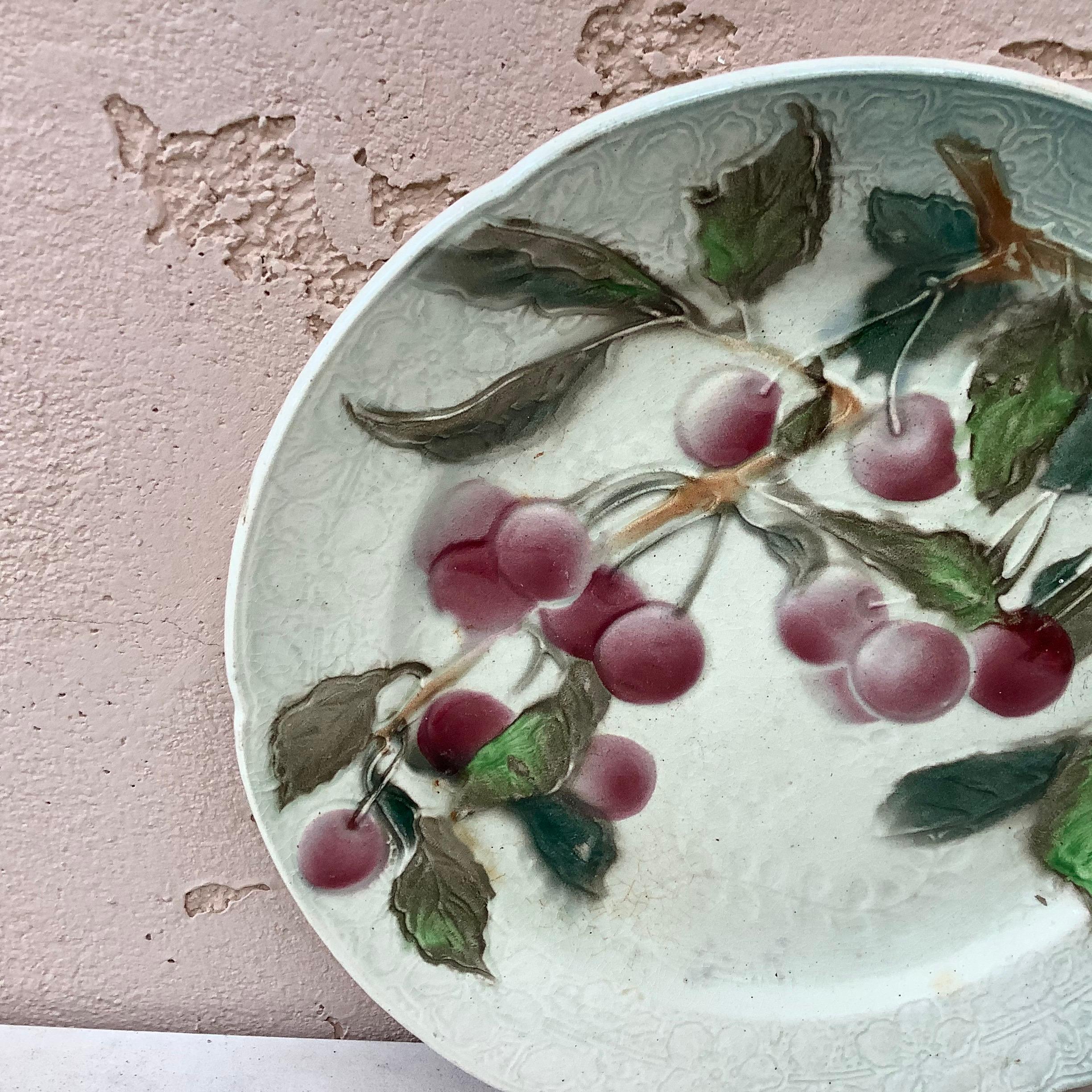 French Provincial Majolica Cherries Plate Keller & Guerin Saint Clément For Sale