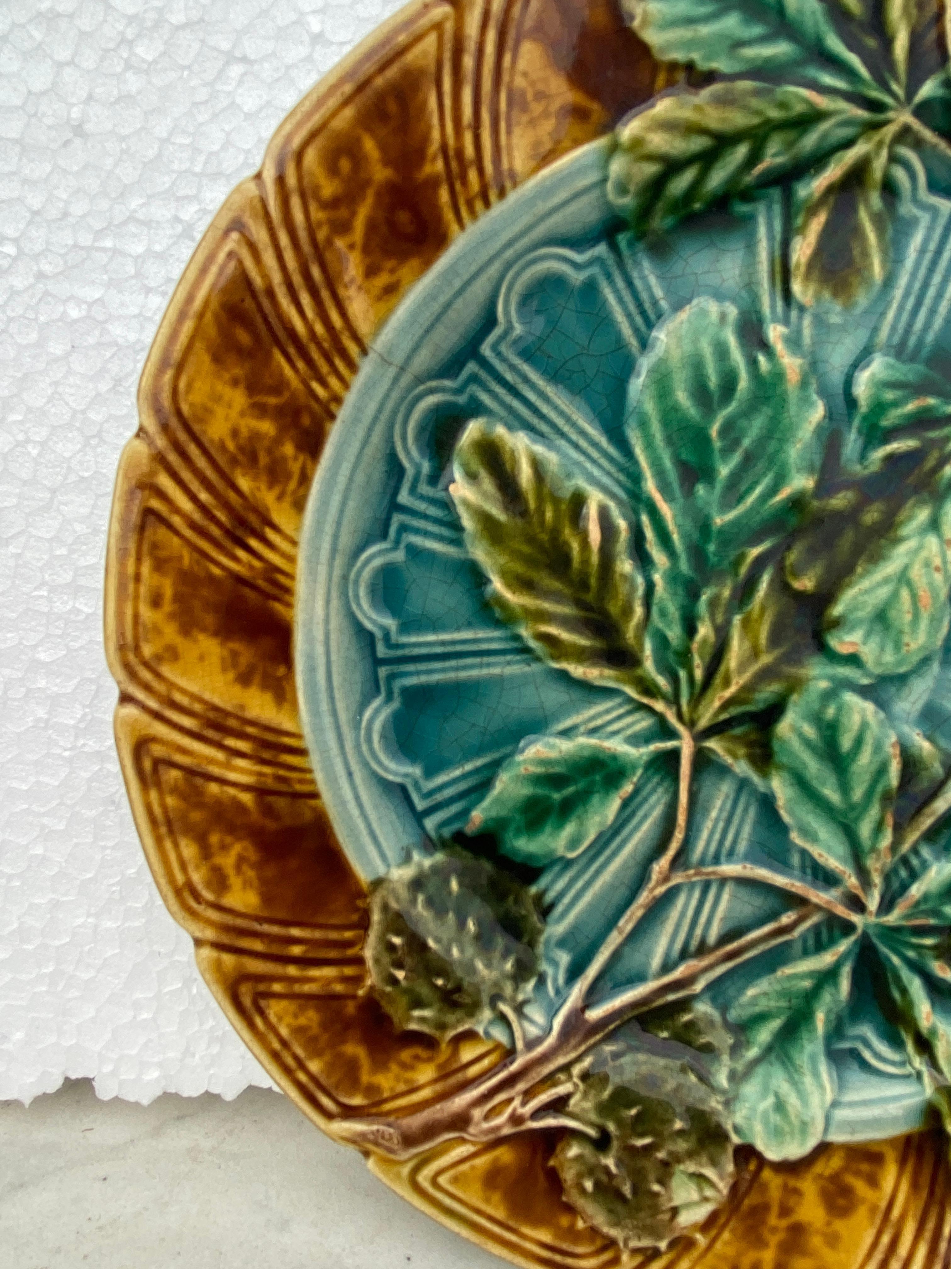 Rustic Majolica Chesnut Leaf Plate Sarreguemines, circa 1890 For Sale