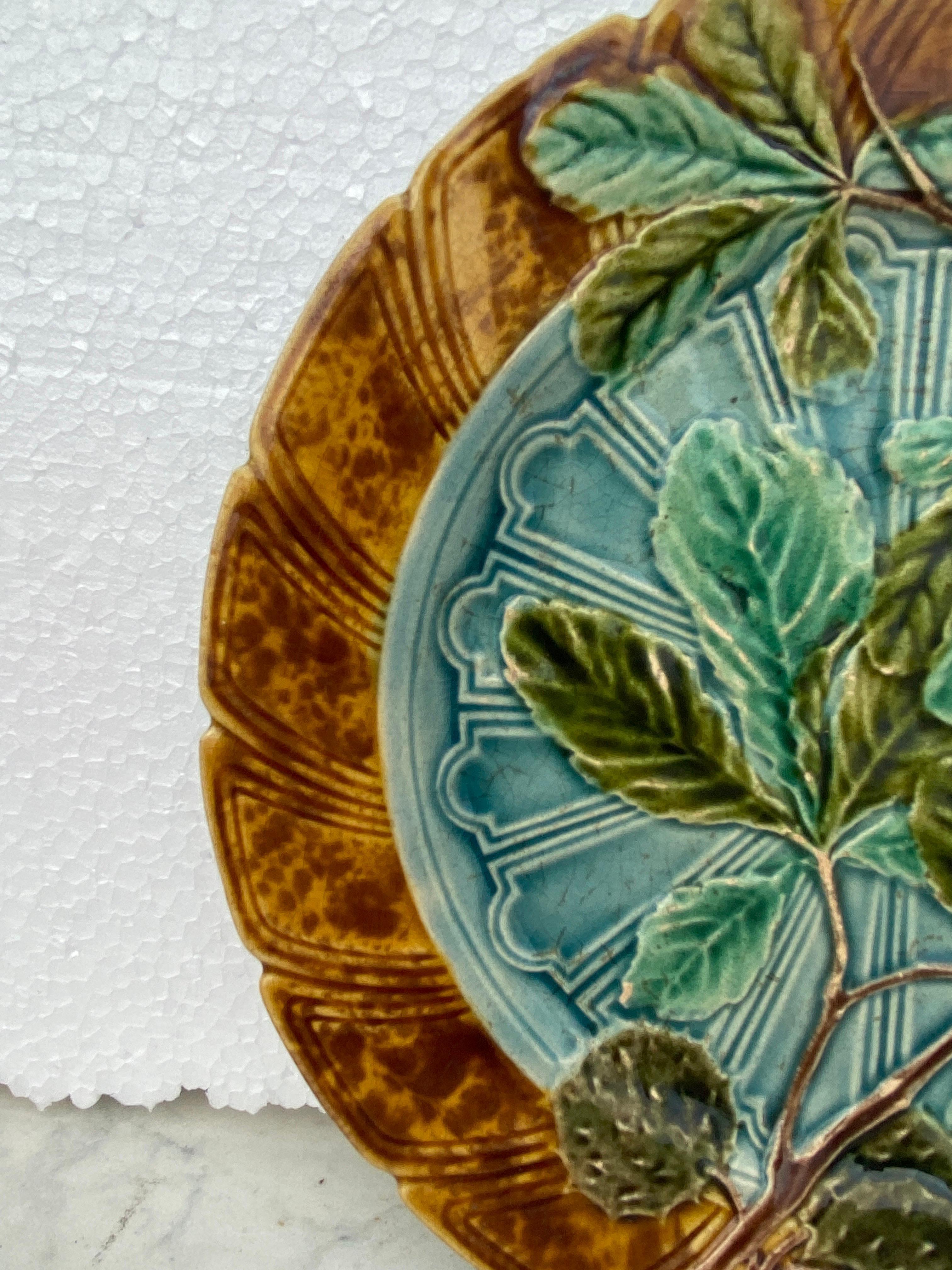 Rustic Majolica Chesnut Leaf Plate Sarreguemines, circa 1890 For Sale
