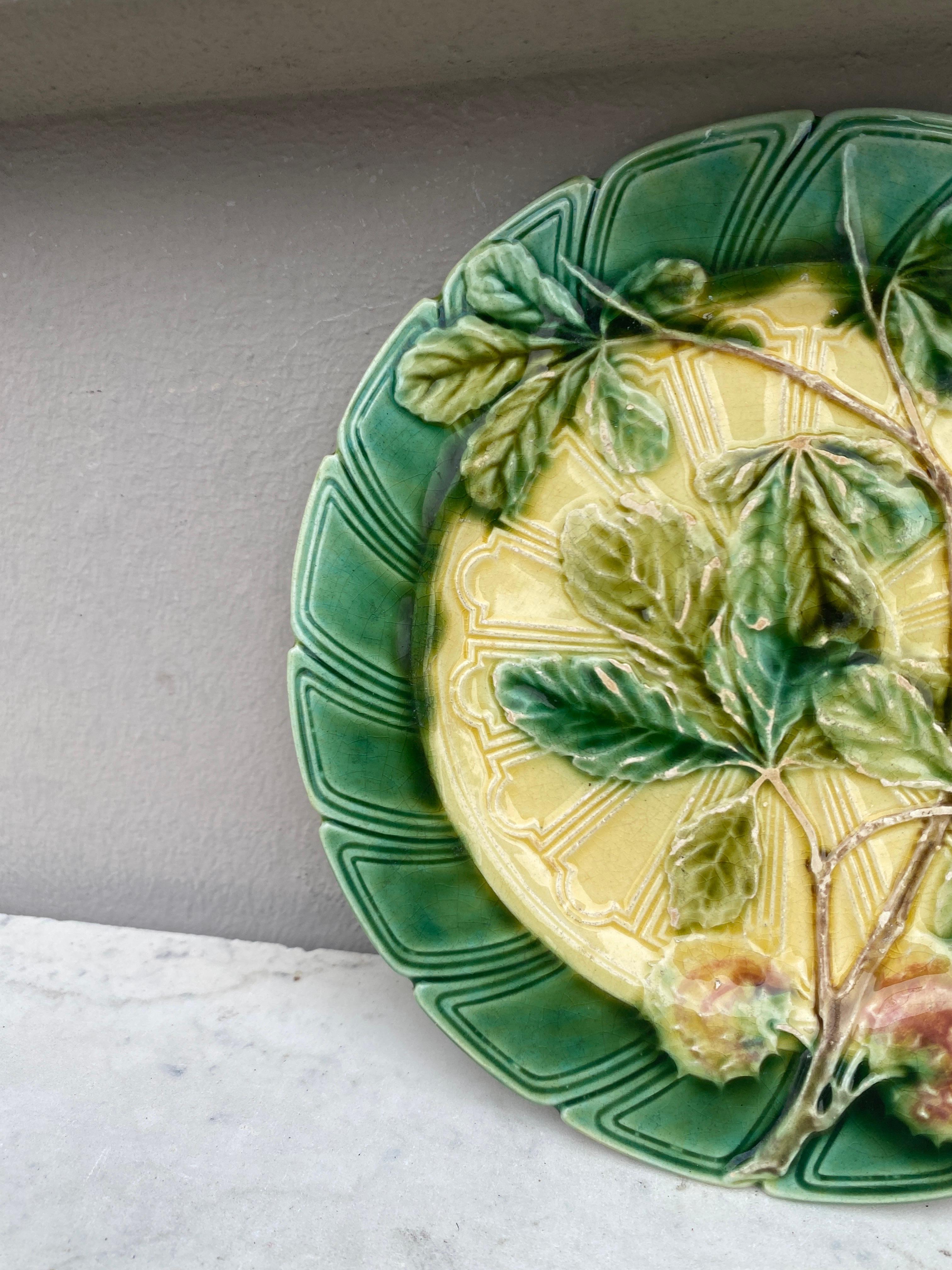 French Majolica chesnut leaf & bogue plate Sarreguemines, circa 1890.