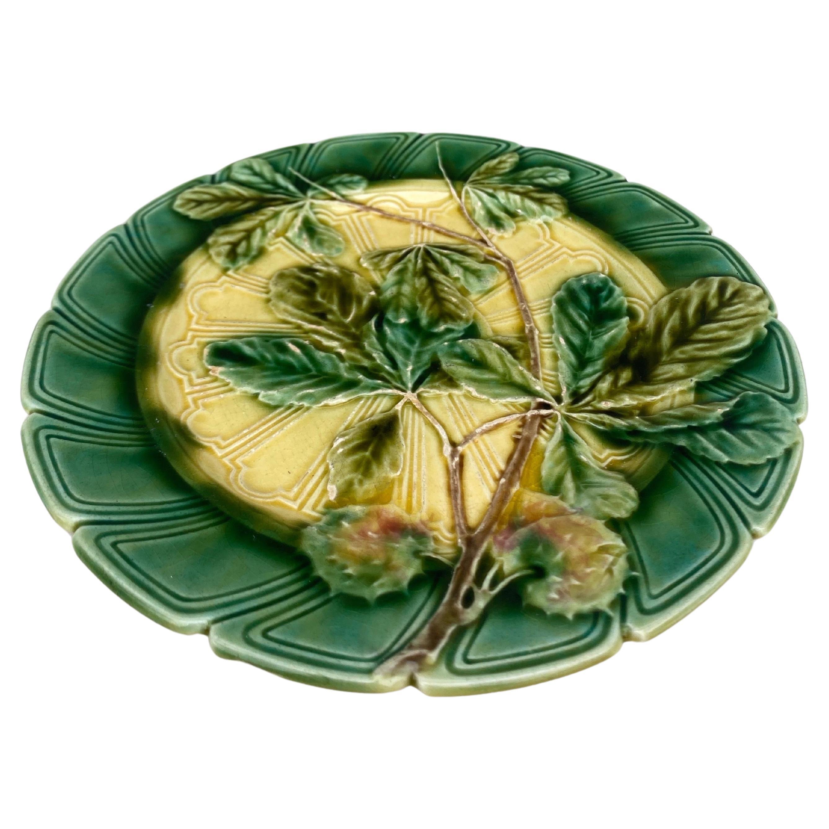 French Majolica chesnut leaf & bogue plate Sarreguemines, circa 1890.