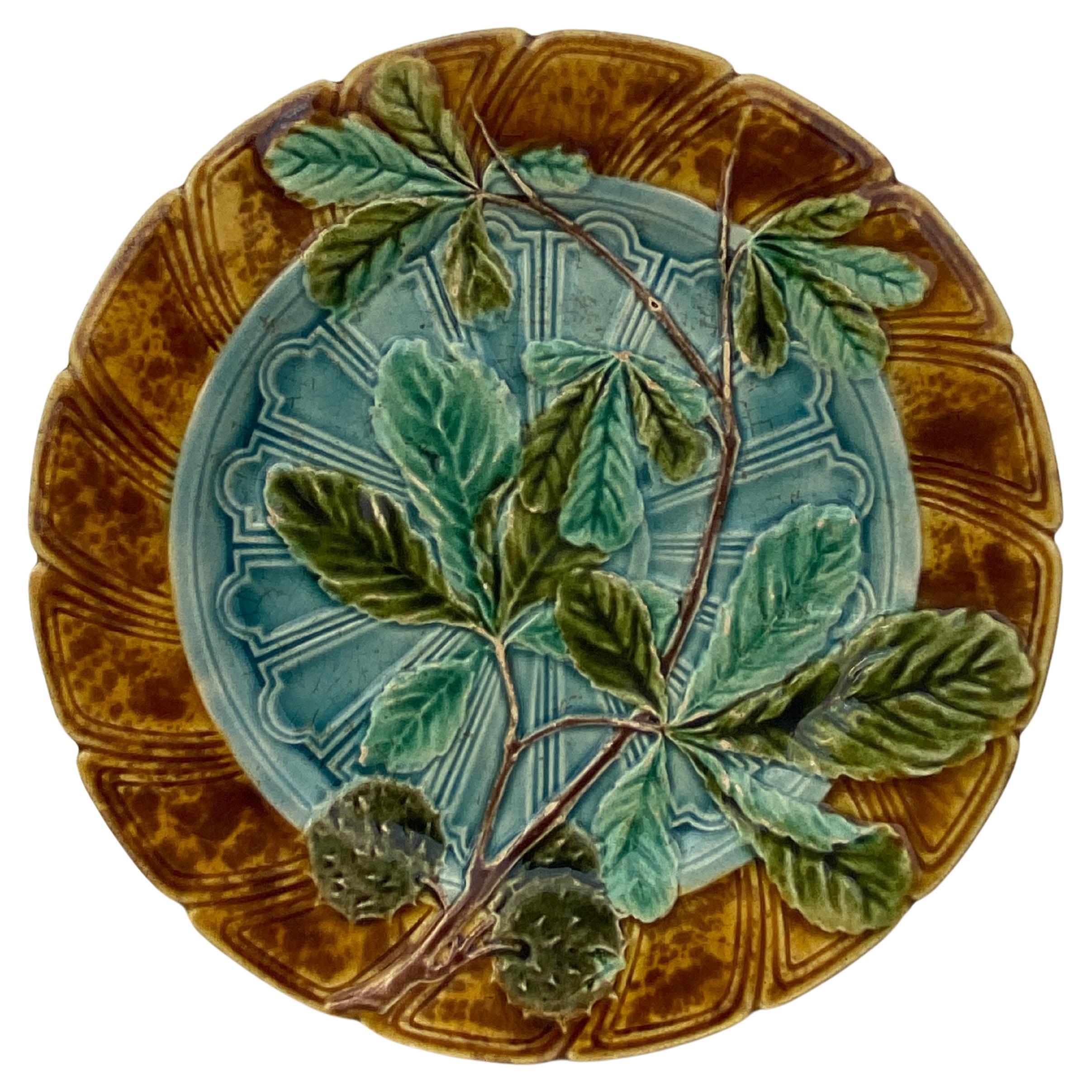 French Majolica chesnut leaf plate Sarreguemines, circa 1890.