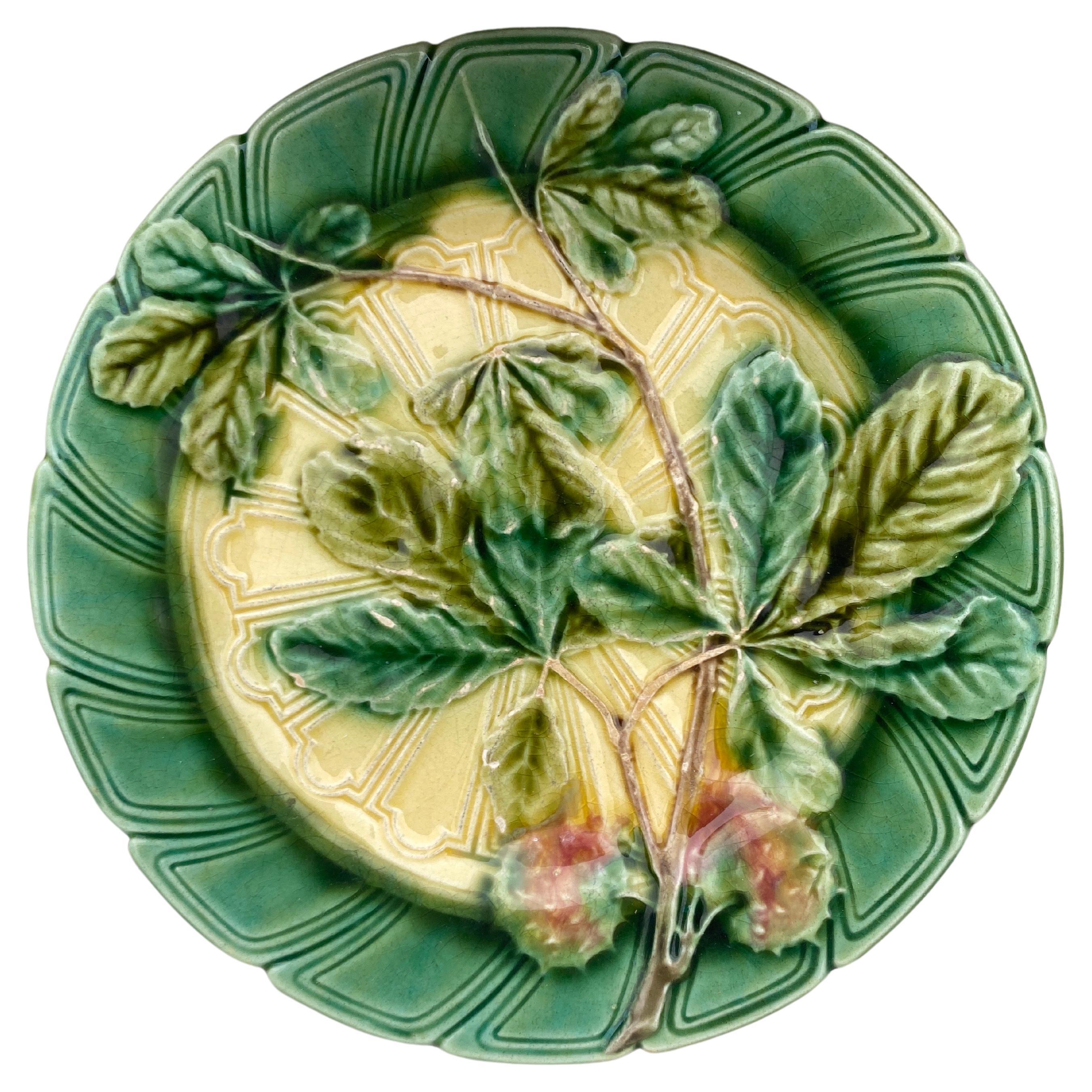Majolica Chesnut Leaf Plate Sarreguemines, circa 1890 For Sale