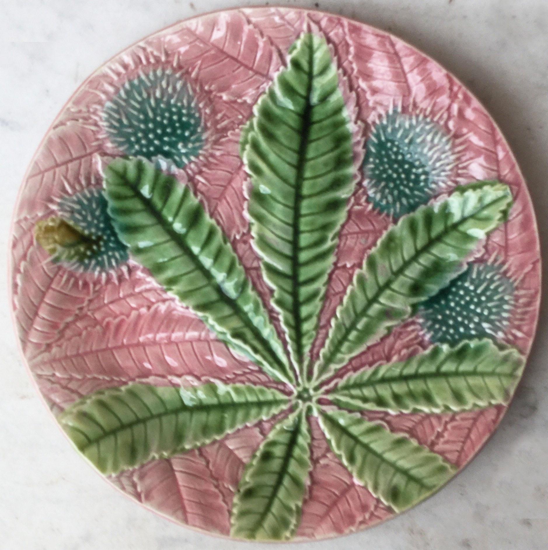 French Provincial Majolica Chestnut Leaves Plate Salins, circa 1880