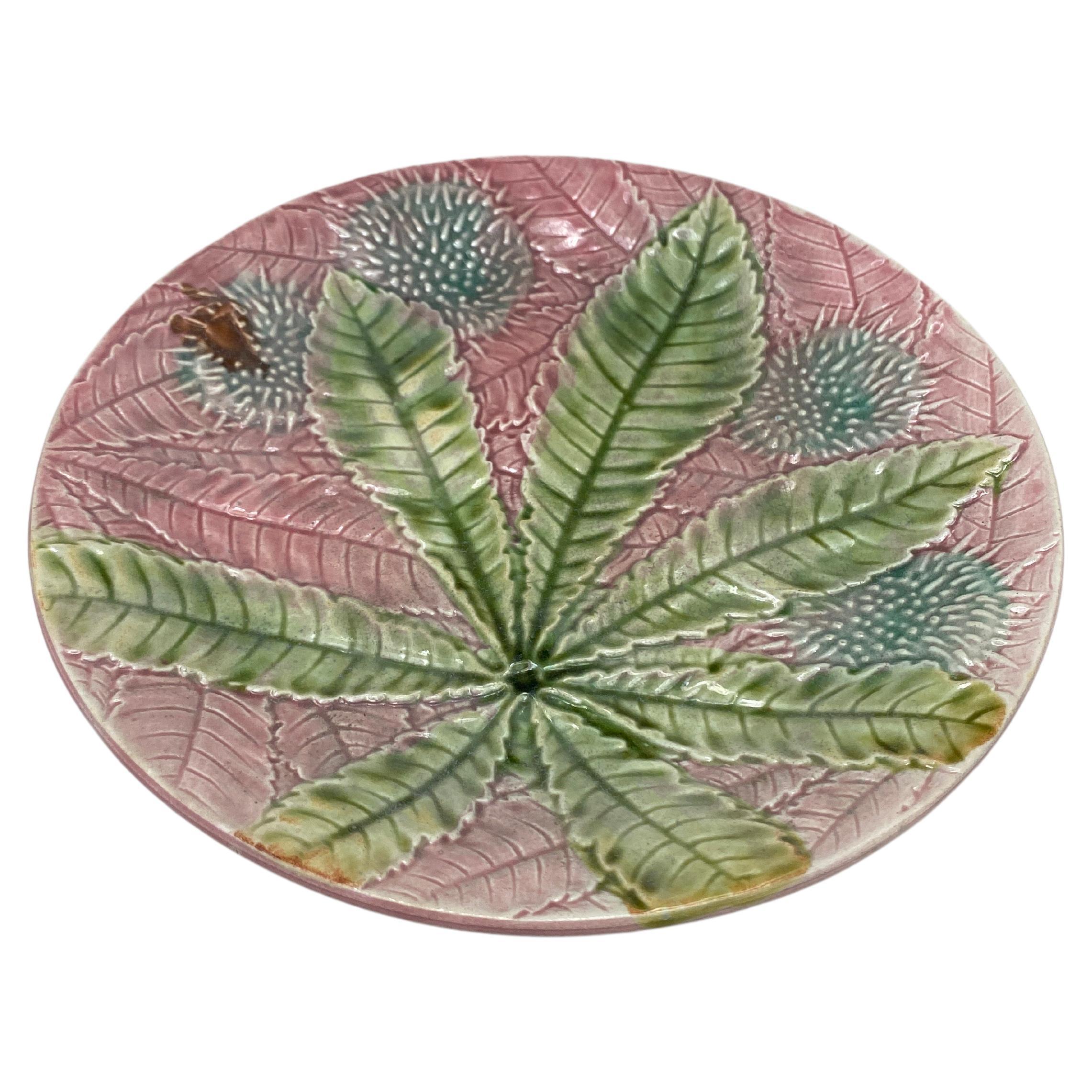 Plato de mayólica con hojas de castaño Salins, hacia 1880, sobre fondo rosa.
