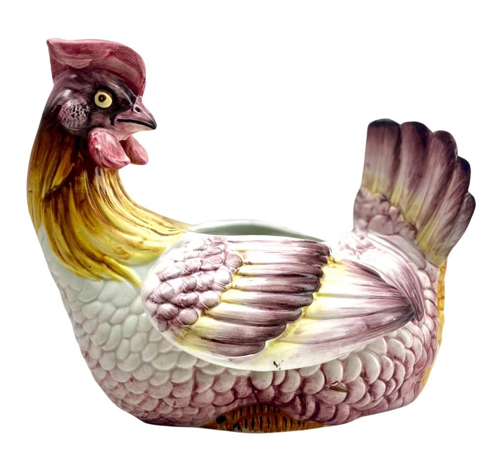 Art Nouveau Majolica Chicken Jardinière Planter Stamped Italy, circa 1960s For Sale