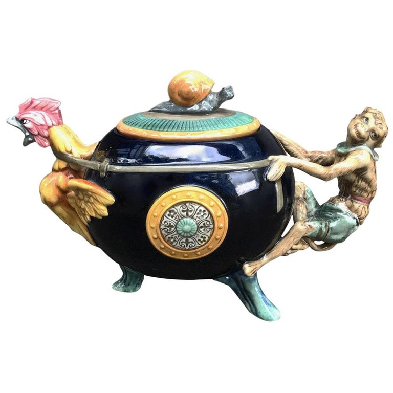 Majolica "Cockerel & Monkey" Teapot by Minton For Sale