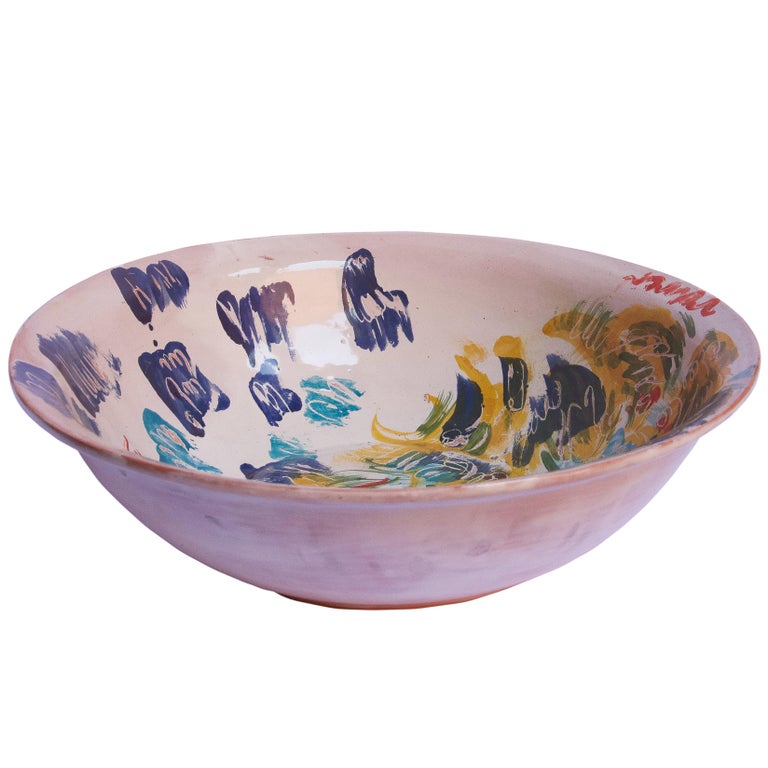 Enameled Majolica Colorful Ceramic Bowl Mid-Century Modern Mexican Signed on the Bottom  For Sale