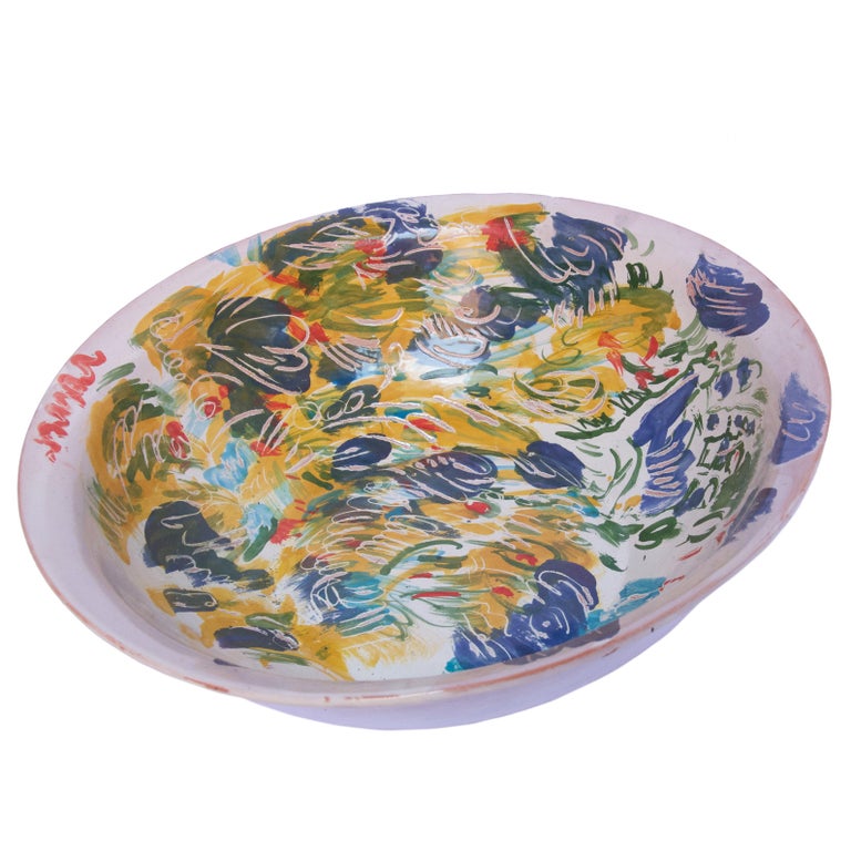 Contemporary Majolica Colorful Ceramic Bowl Mid-Century Modern Mexican Signed on the Bottom  For Sale