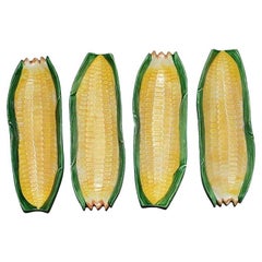 Majolica Corn Cobb Dishes in Yellow and Green, Set of Four