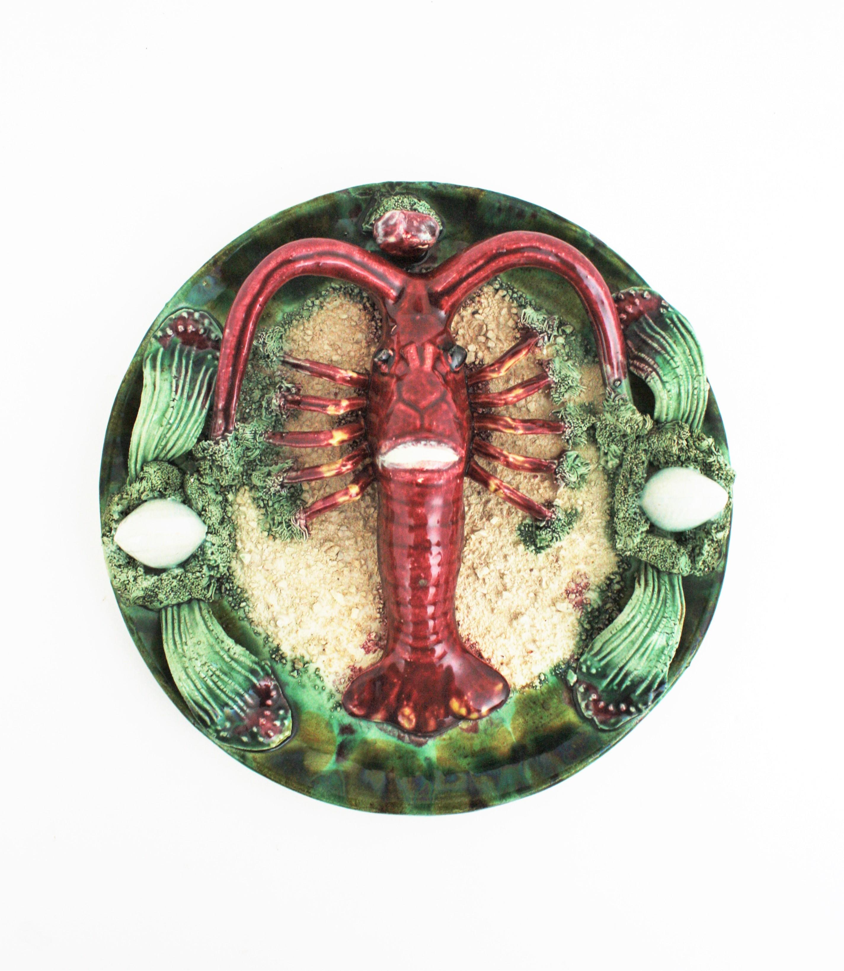 Trompe L' Oeil Crayfish Decorative wall plate in Majolica Ceramic, Portugal, 1940s-1950s.
Eye-catching hand painted plate in Majolica glazed ceramic crayfish on a sea landscape.
This plate will add a cool midcentury accent in a beach house