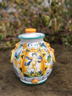 Majolica Cupid Angel Italian Hand Painted Small Jar or Vase SALE