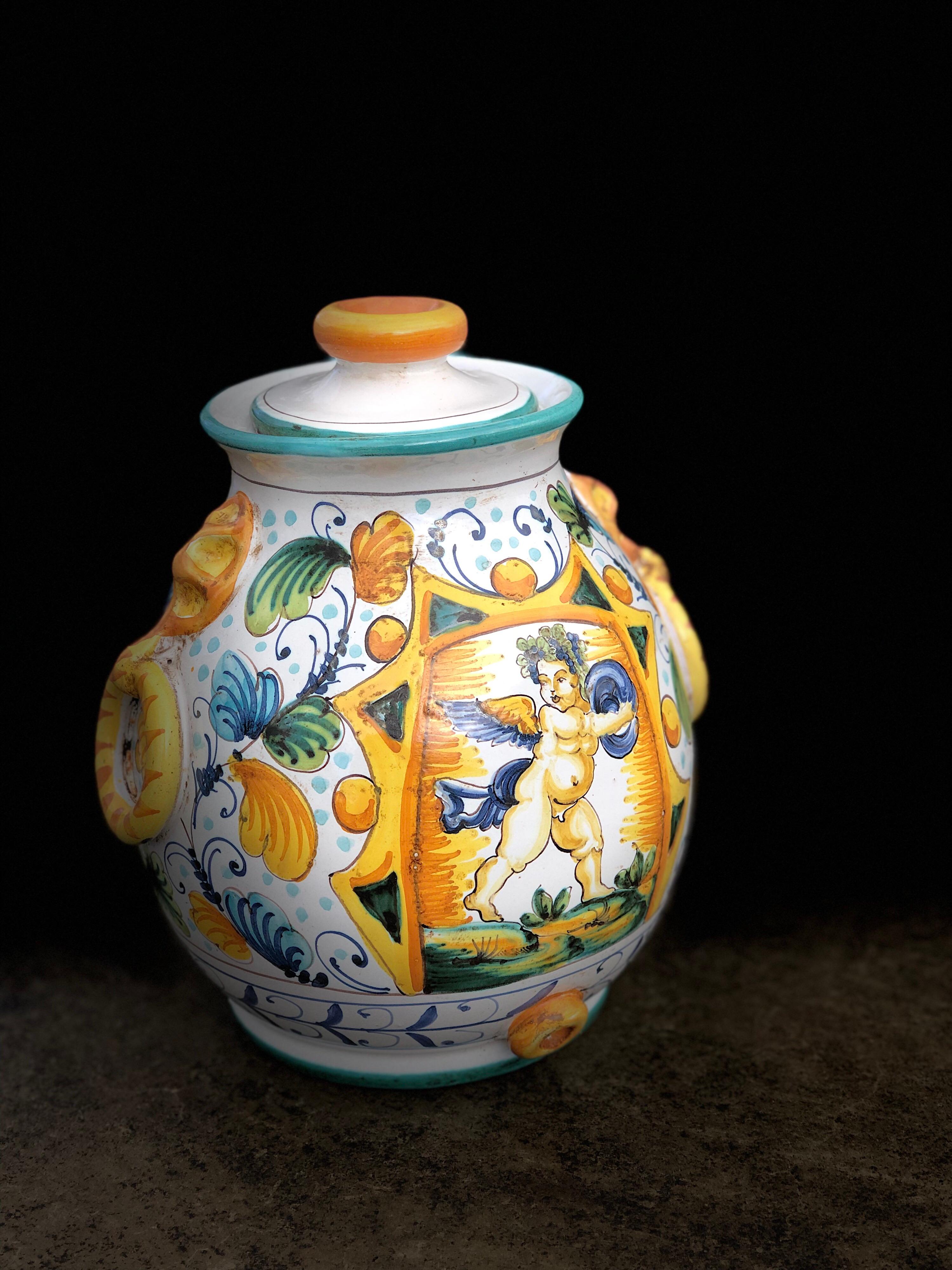 Renaissance Majolica Cupid Angel Italian Hand Painted Small Jar or Vase SALE 