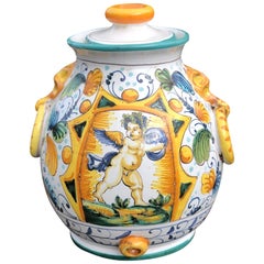 Vintage Majolica Cupid Angel Italian Hand Painted Small Jar or Vase SALE