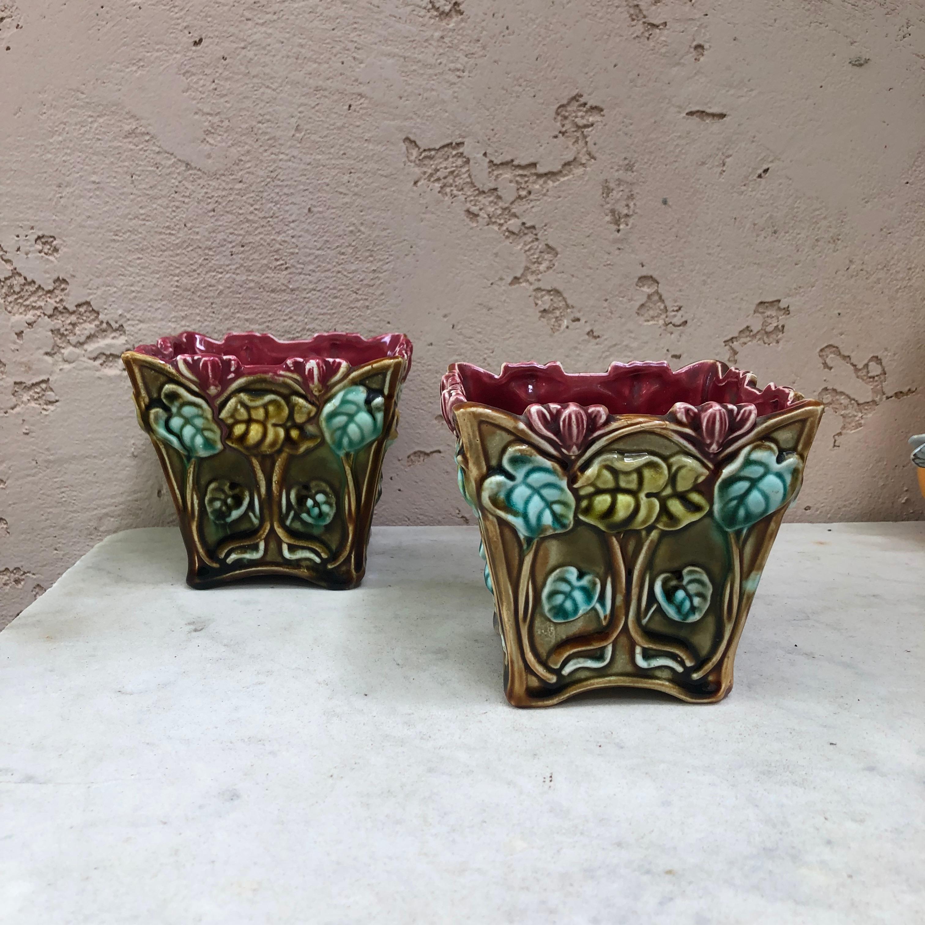 French Majolica Cyclamens Cache Pot Onnaing, circa 1900 For Sale