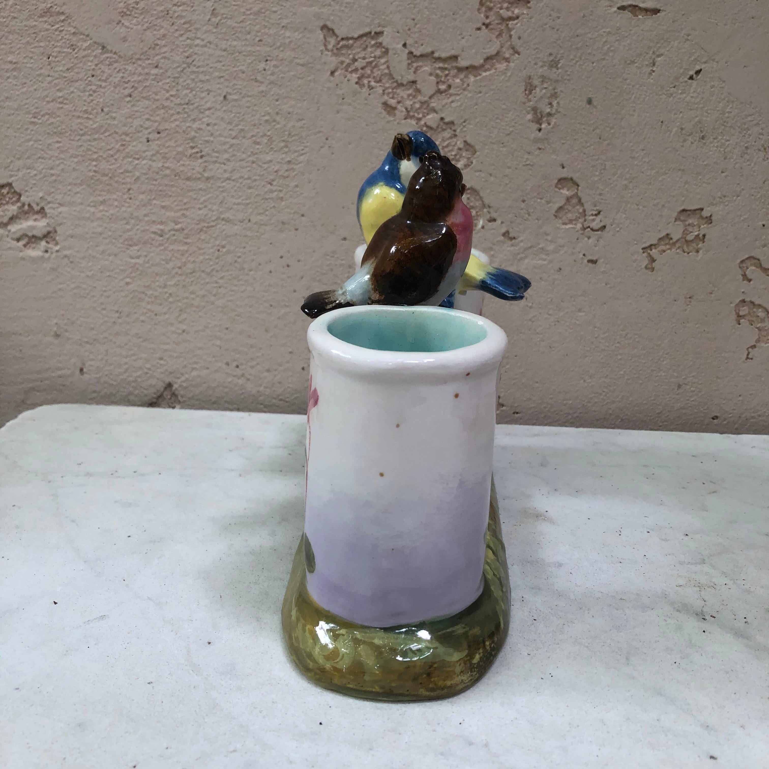 Majolica Double Vase with Birds Jerome Massier Fils, circa 1900 In Good Condition For Sale In Austin, TX