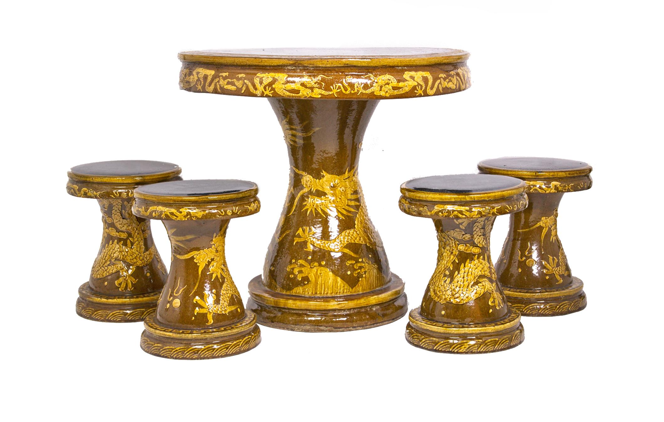 Unknown Majolica Dragon Table with 4 Stools