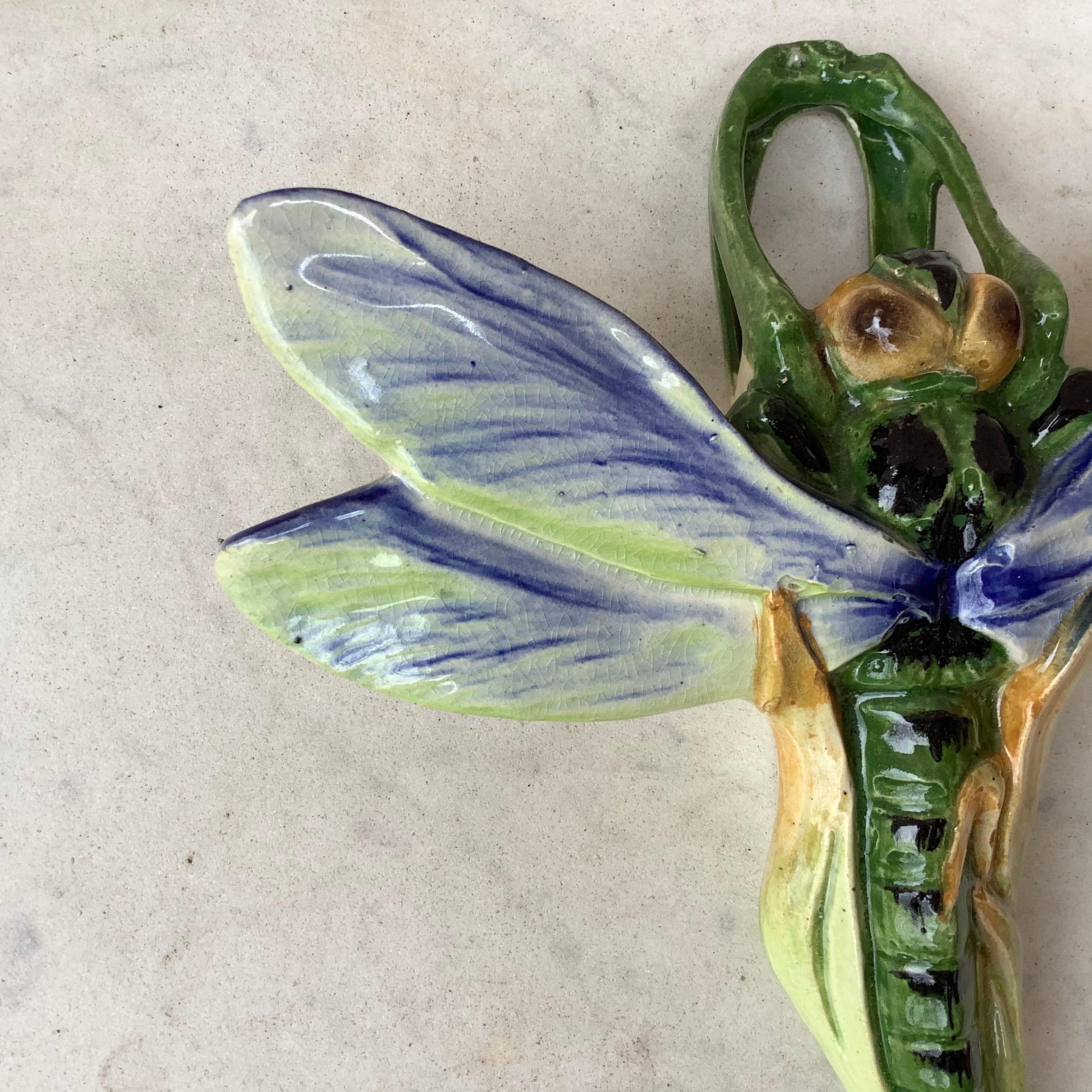 Majolica dragonfly wall pocket by Fives Lille, circa 1900.
  