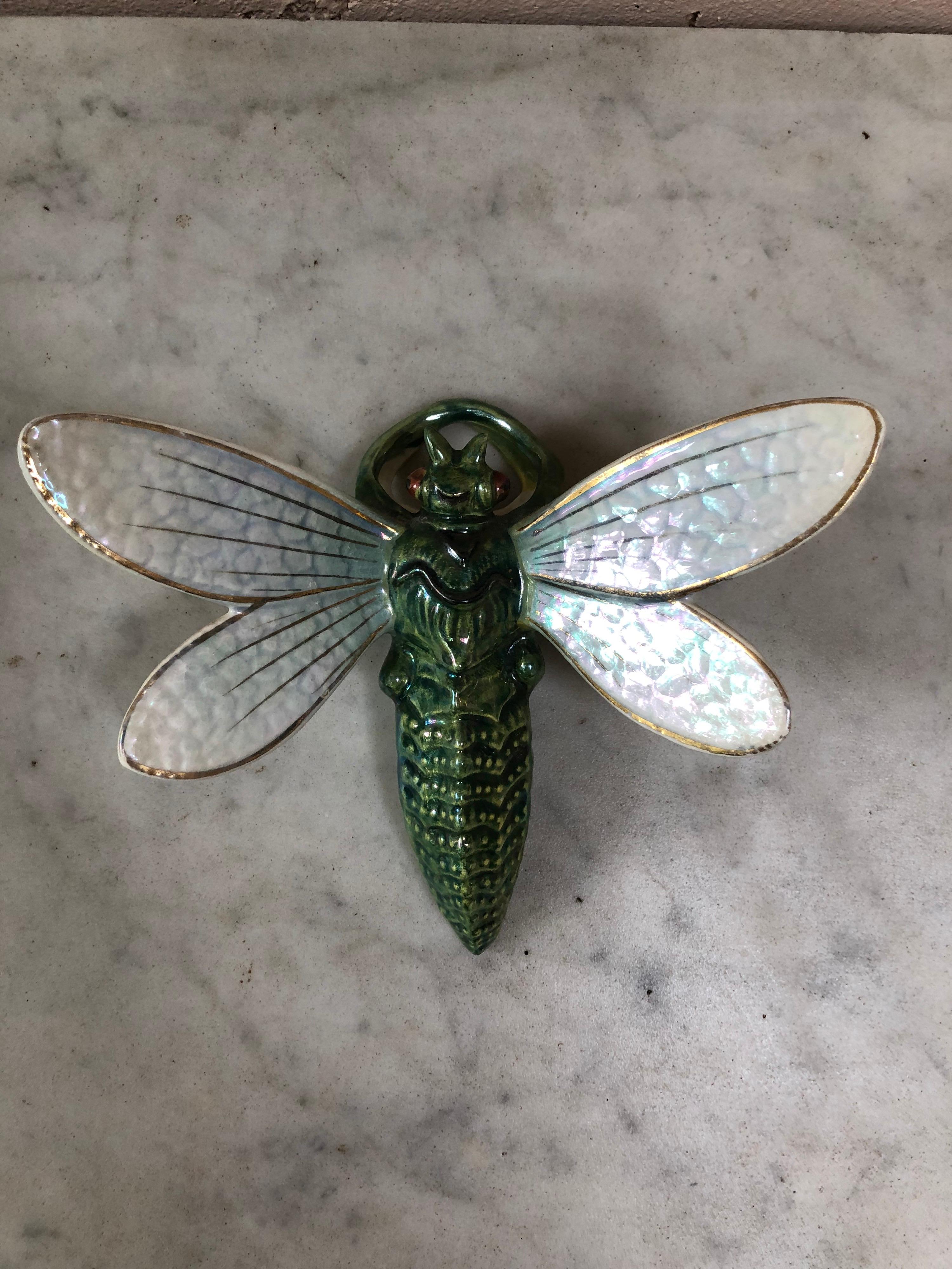 Majolica dragonfly wall signed pocket by Fives Lille, circa 1900.
 