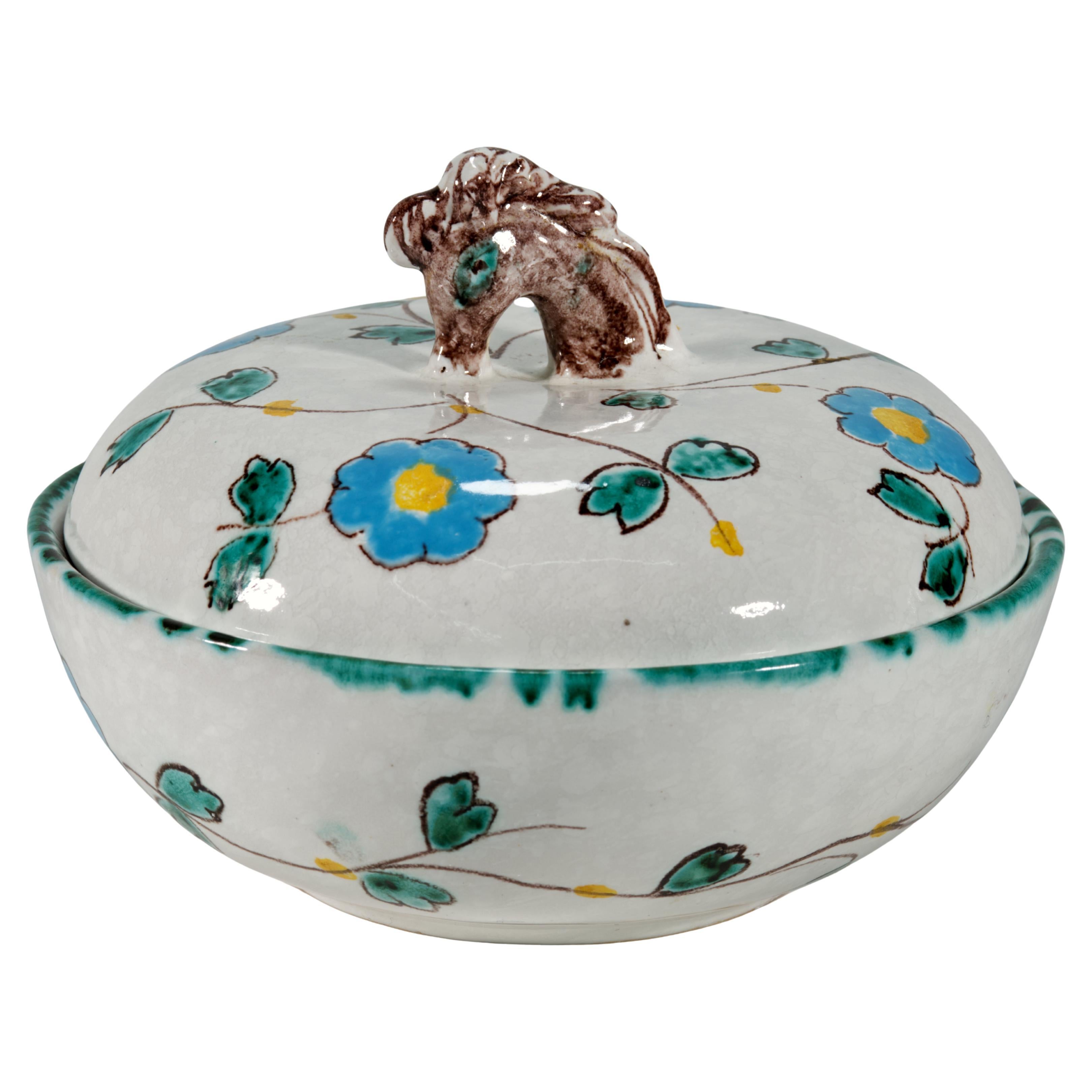 Majolica Dresser Box with Lid Horse Handle, Blue White Flowers, Italy