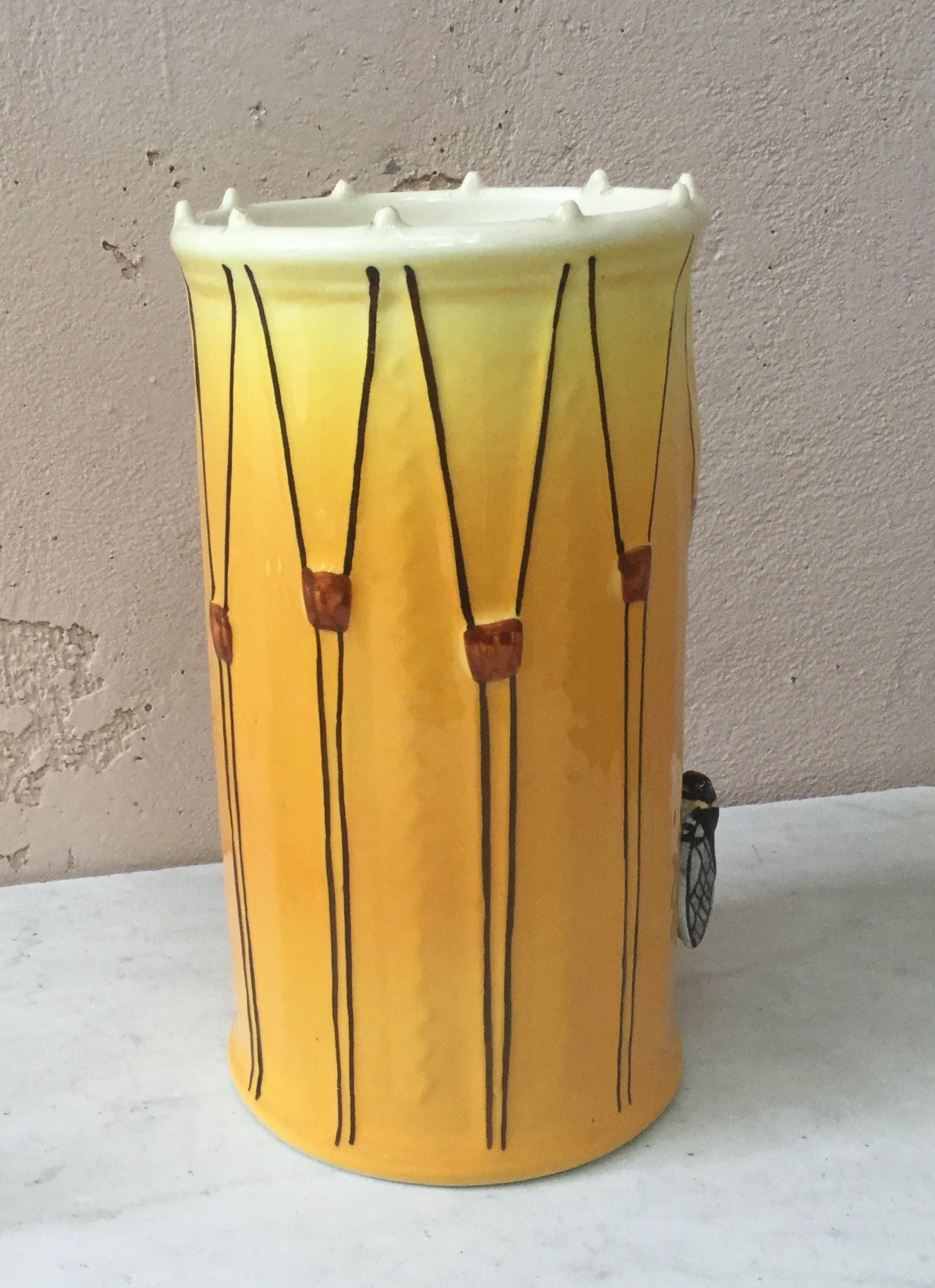 Large majolica drum vase with cicadas signed Sicard, circa 1950.
From South of France (Provence).