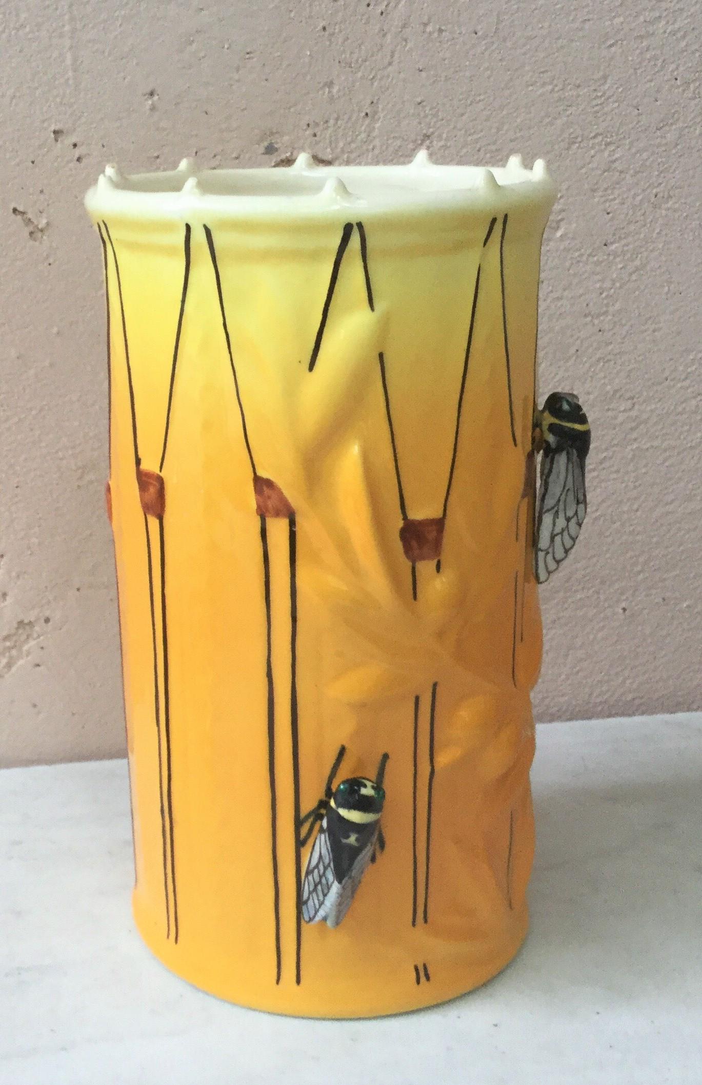 Mid-Century Modern Majolica Drum Vase with Cicadas Sicard, circa 1950 For Sale