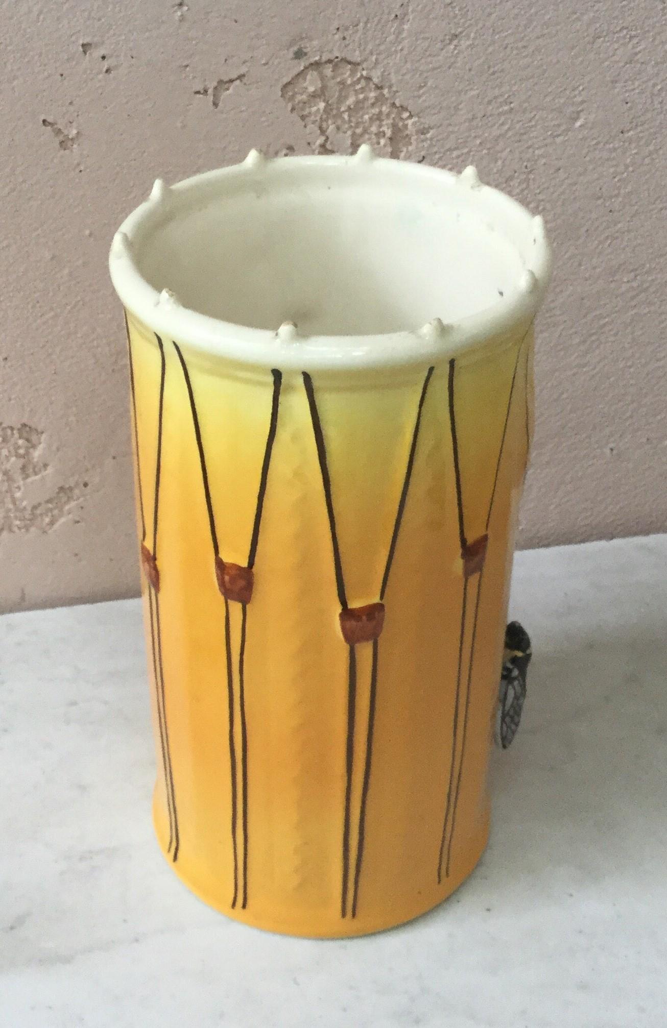 French Majolica Drum Vase with Cicadas Sicard, circa 1950 For Sale